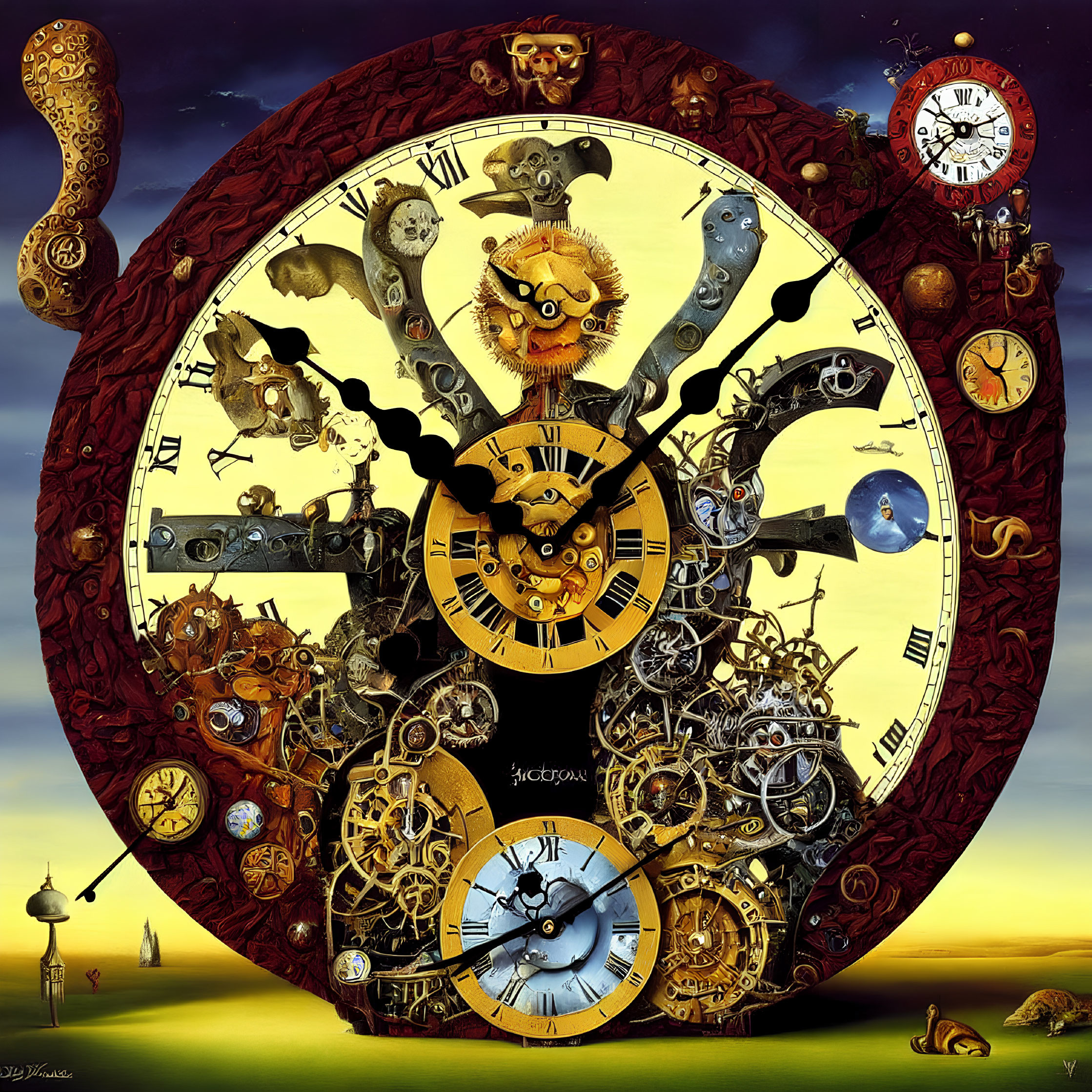 Intricate surreal clockwork with celestial bodies and central figure