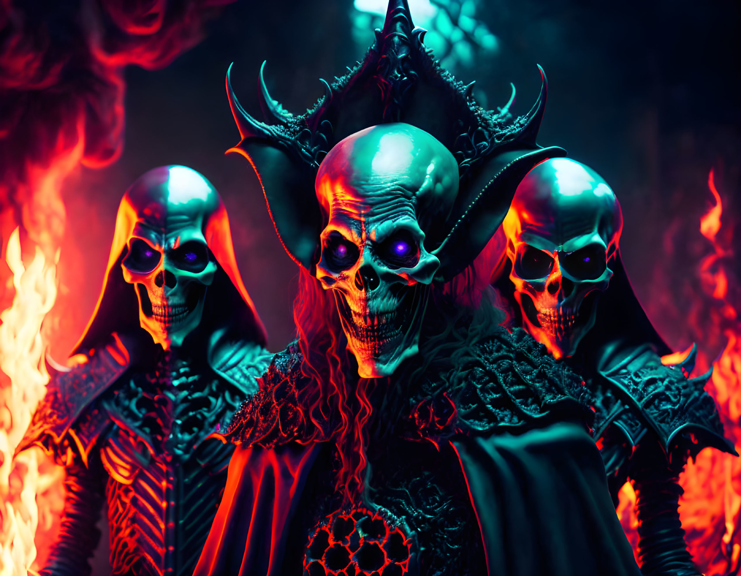 Three figures in dark ornate costumes with skull masks and horned headpieces, surrounded by red and