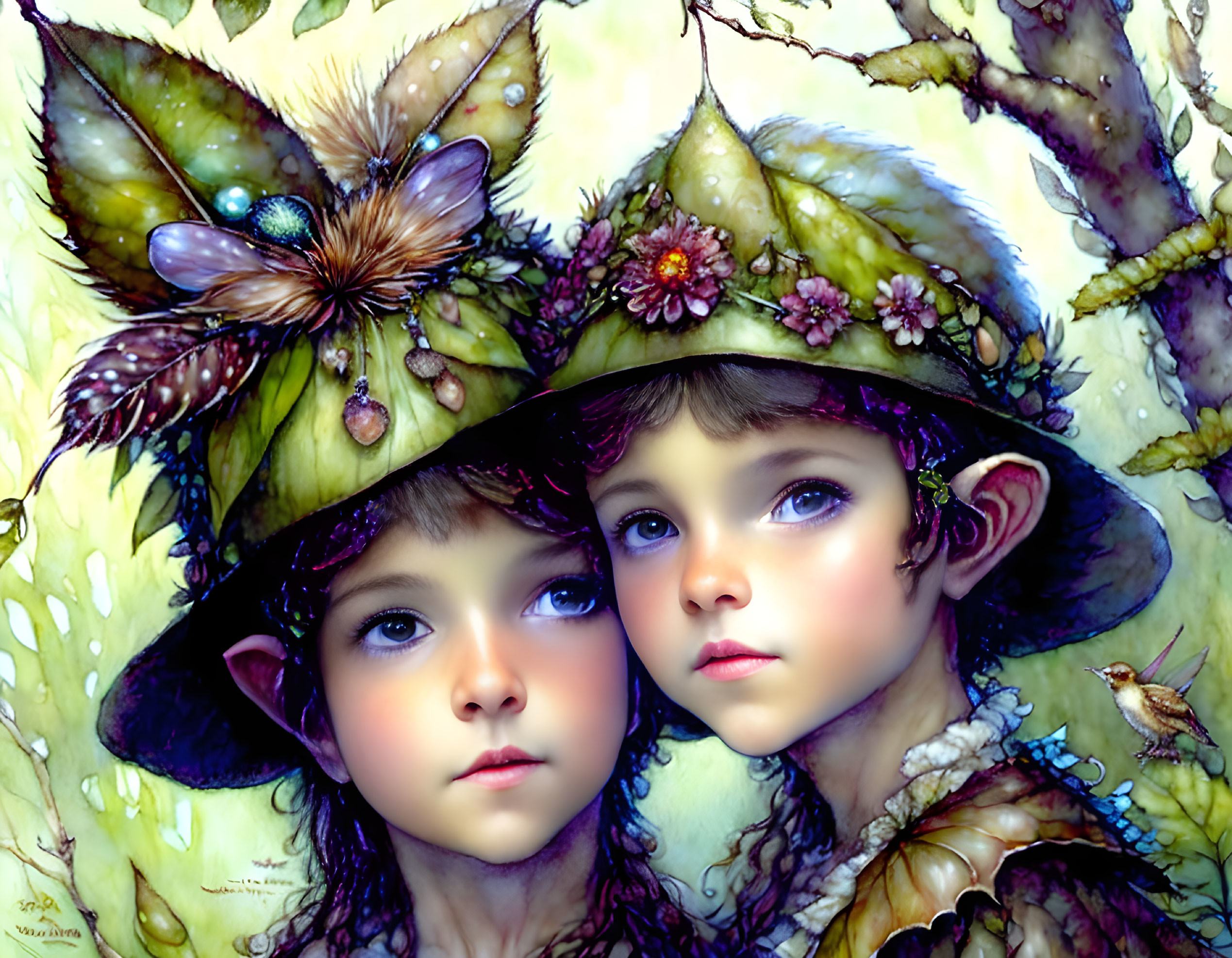 Whimsical children with elfin features surrounded by butterflies and flowers
