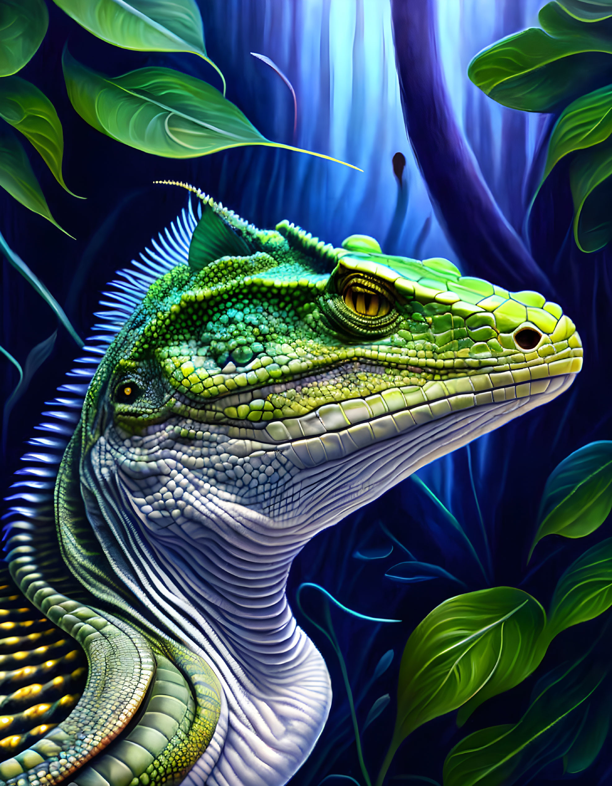 Colorful Green Iguana Illustration Among Tropical Foliage