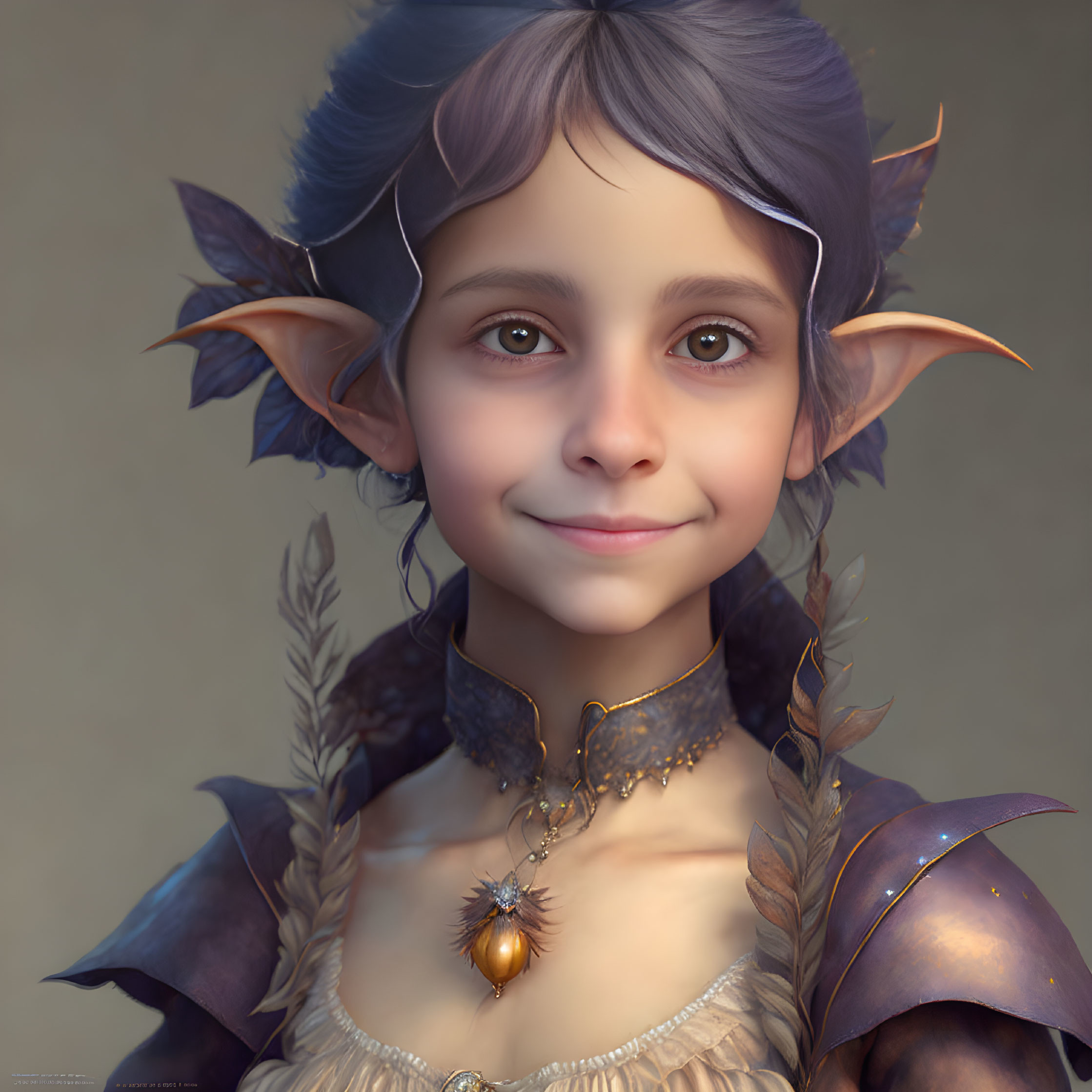 Fantasy-style digital art portrait of young character with purple hair and ornate armor