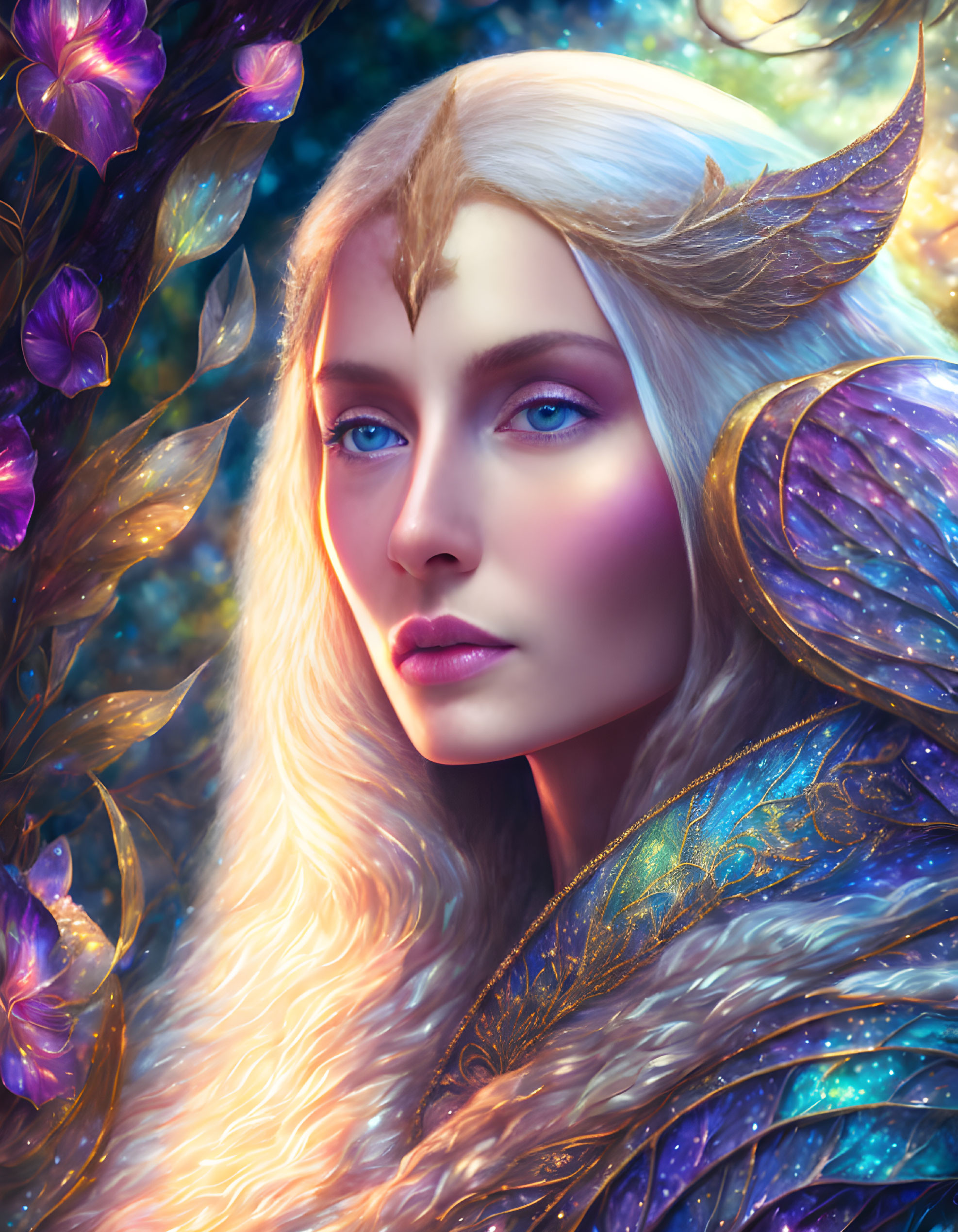 Ethereal elf with blue eyes in golden armor amidst luminescent flora