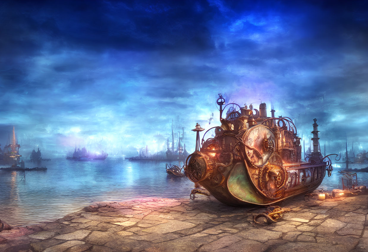 Steampunk submarine on cobblestone dock with sailing ships and misty sky