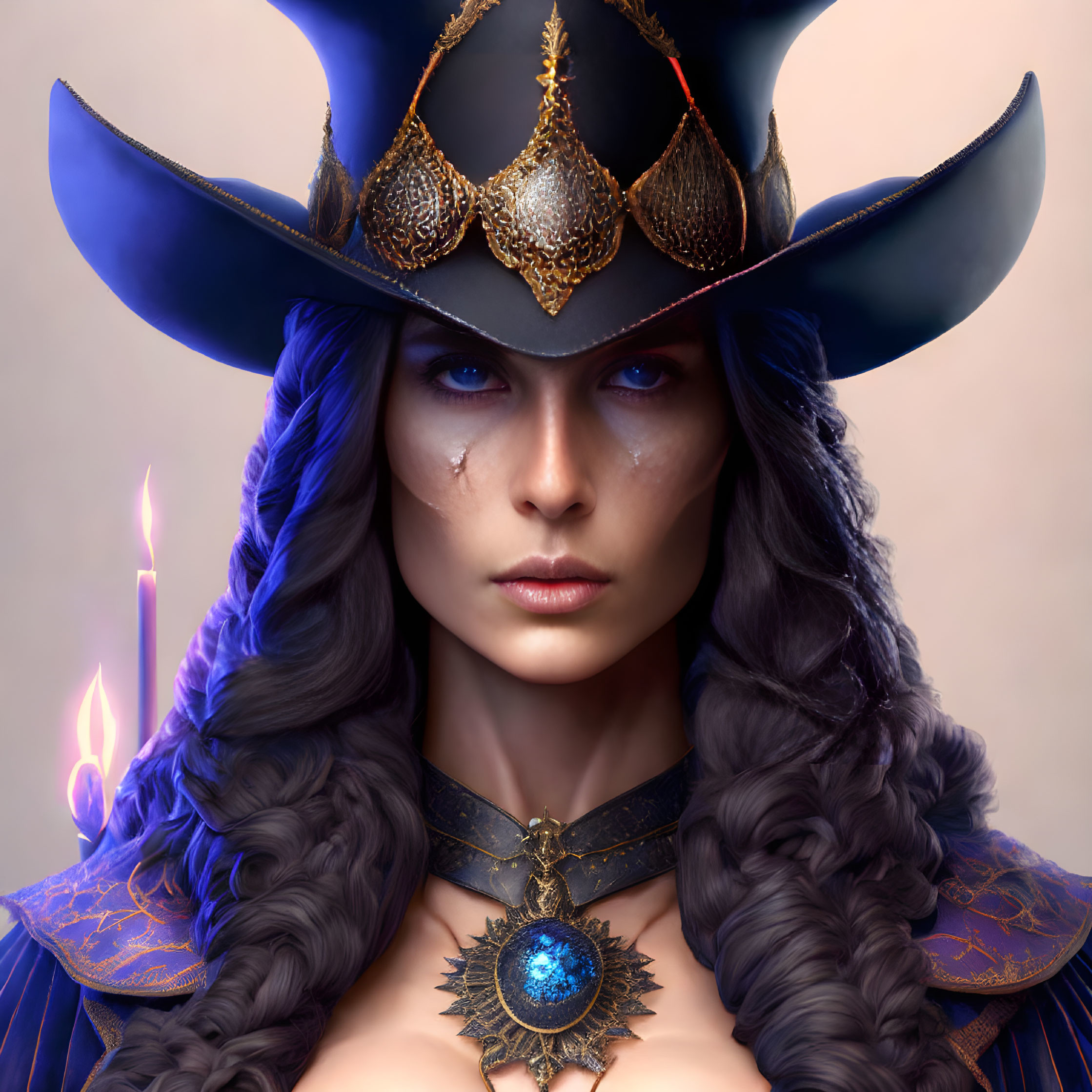 Woman with Blue Hair in Ornate Blue Robe and Hat with Gem Necklace