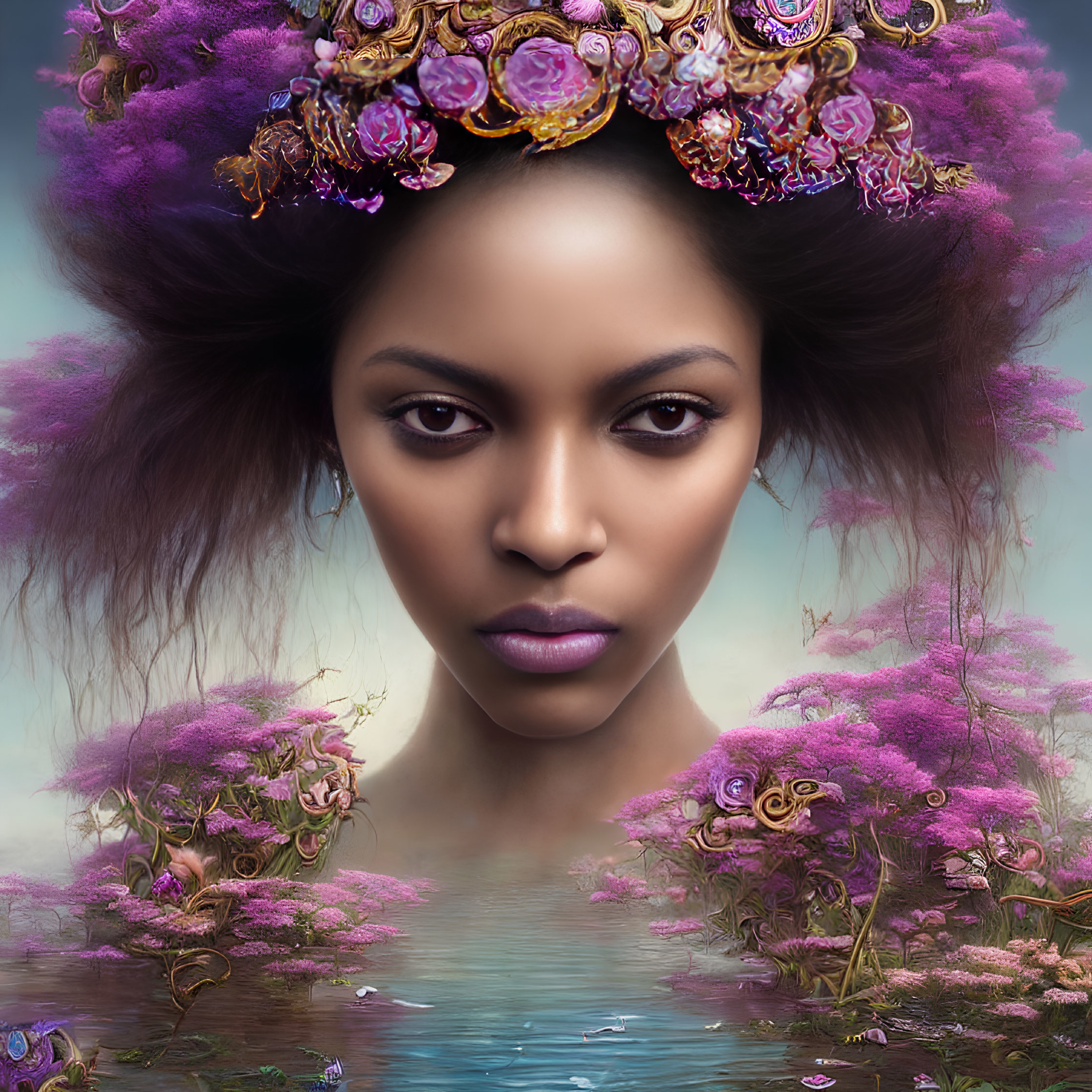 Woman with Floral Crown Reflecting in Water with Purple Blooms