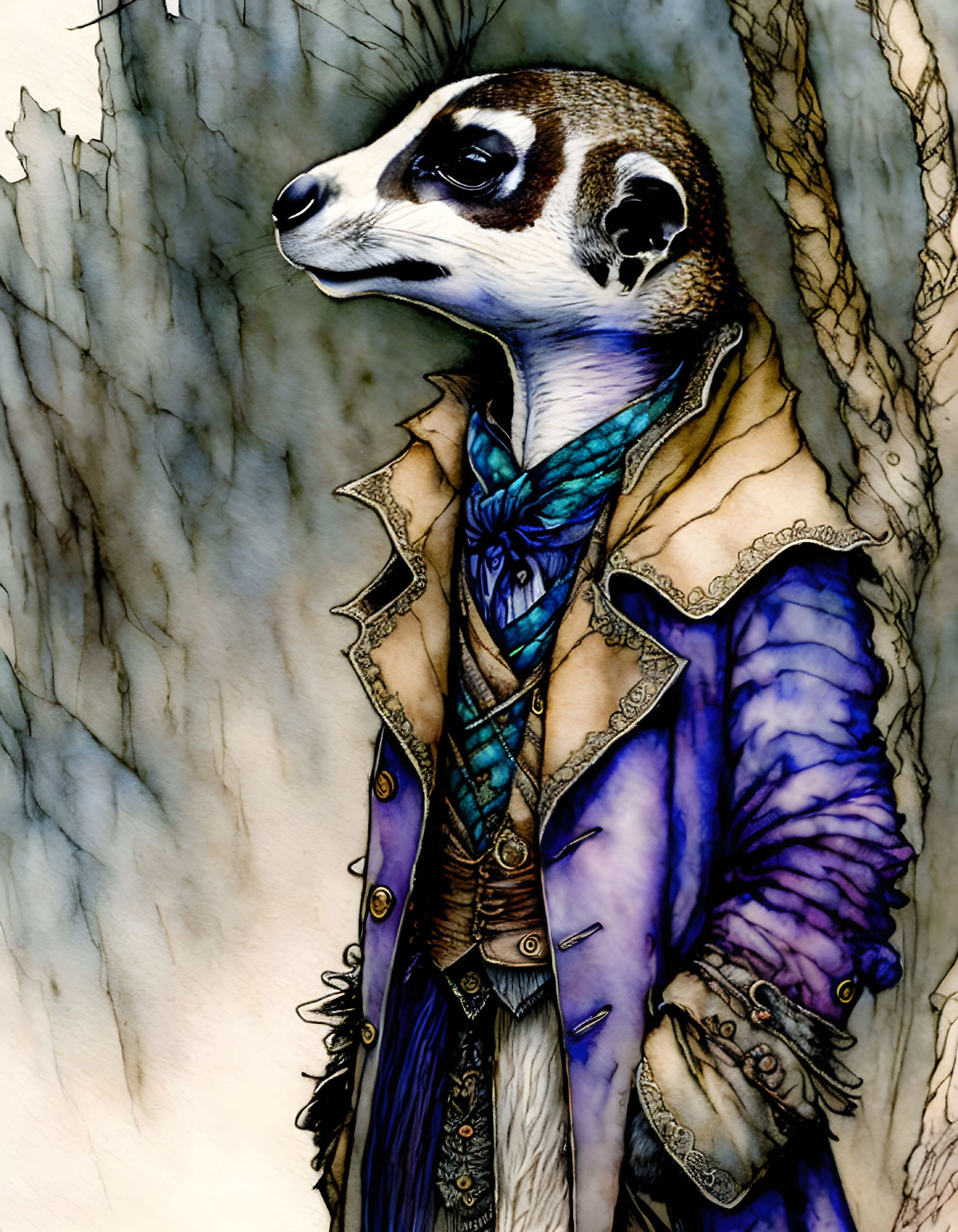 Stylish anthropomorphic meerkat in intricate period coat