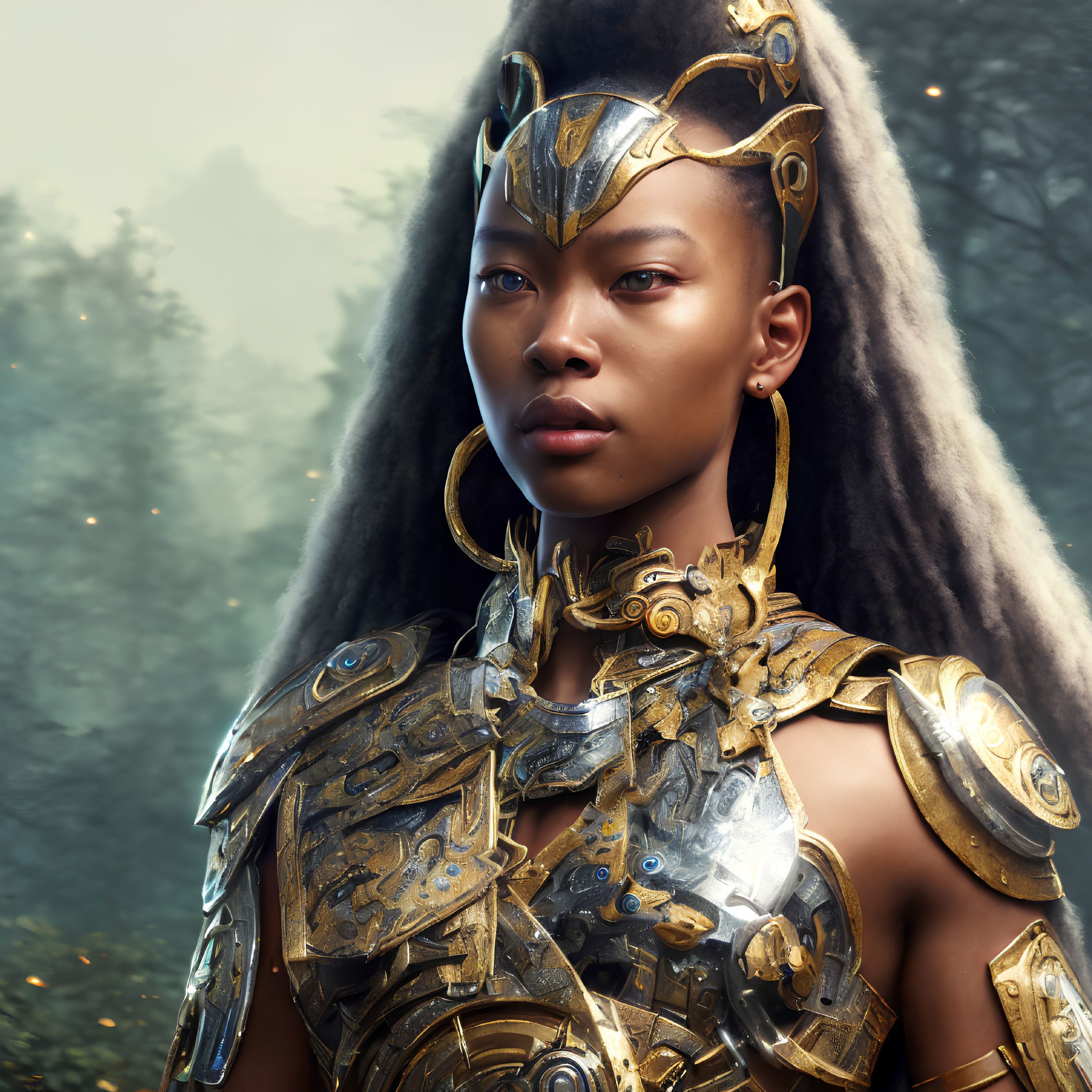 Regal woman in golden armor in mystical forest setting