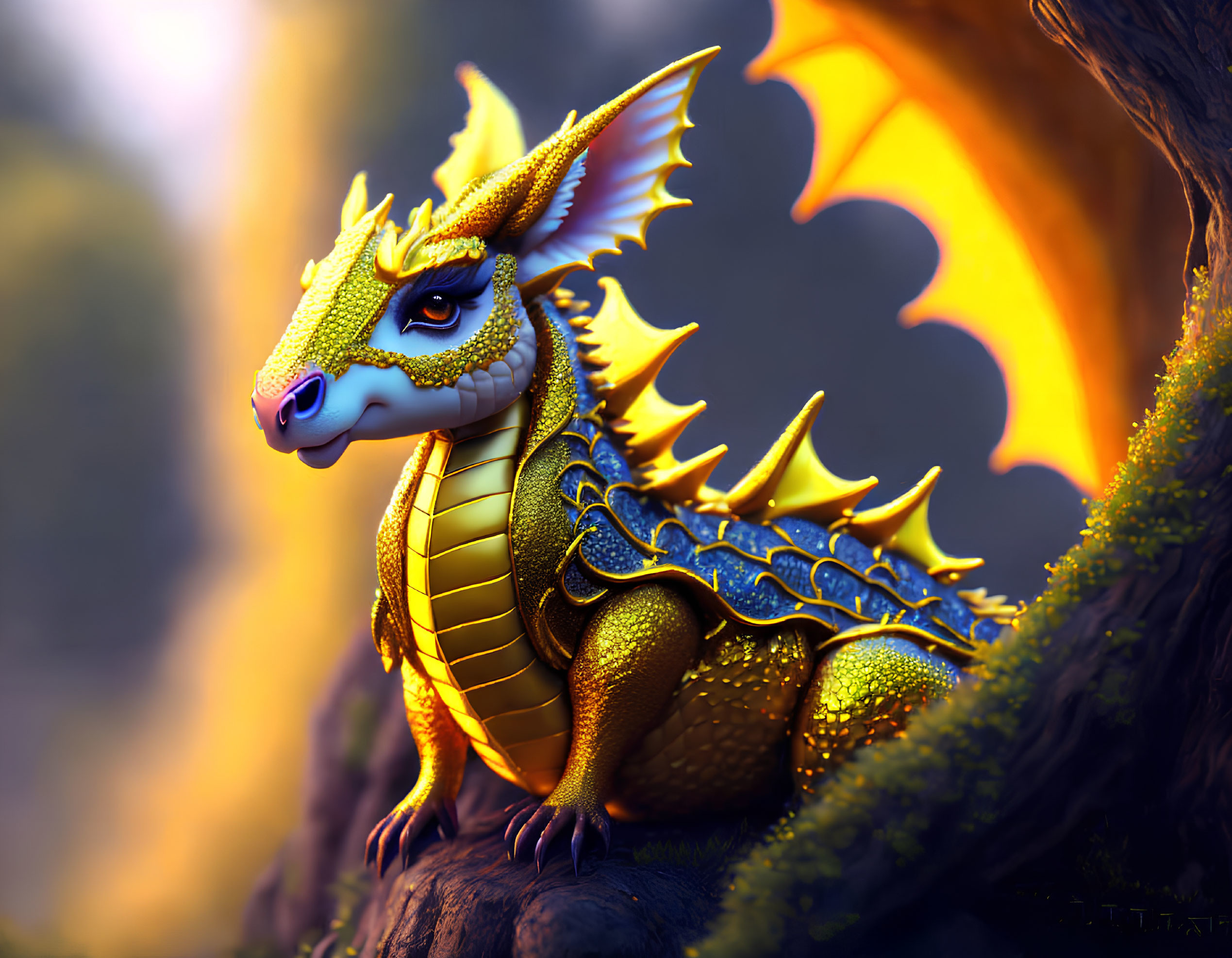 Golden dragon with orange wings perched on tree in mystical forest