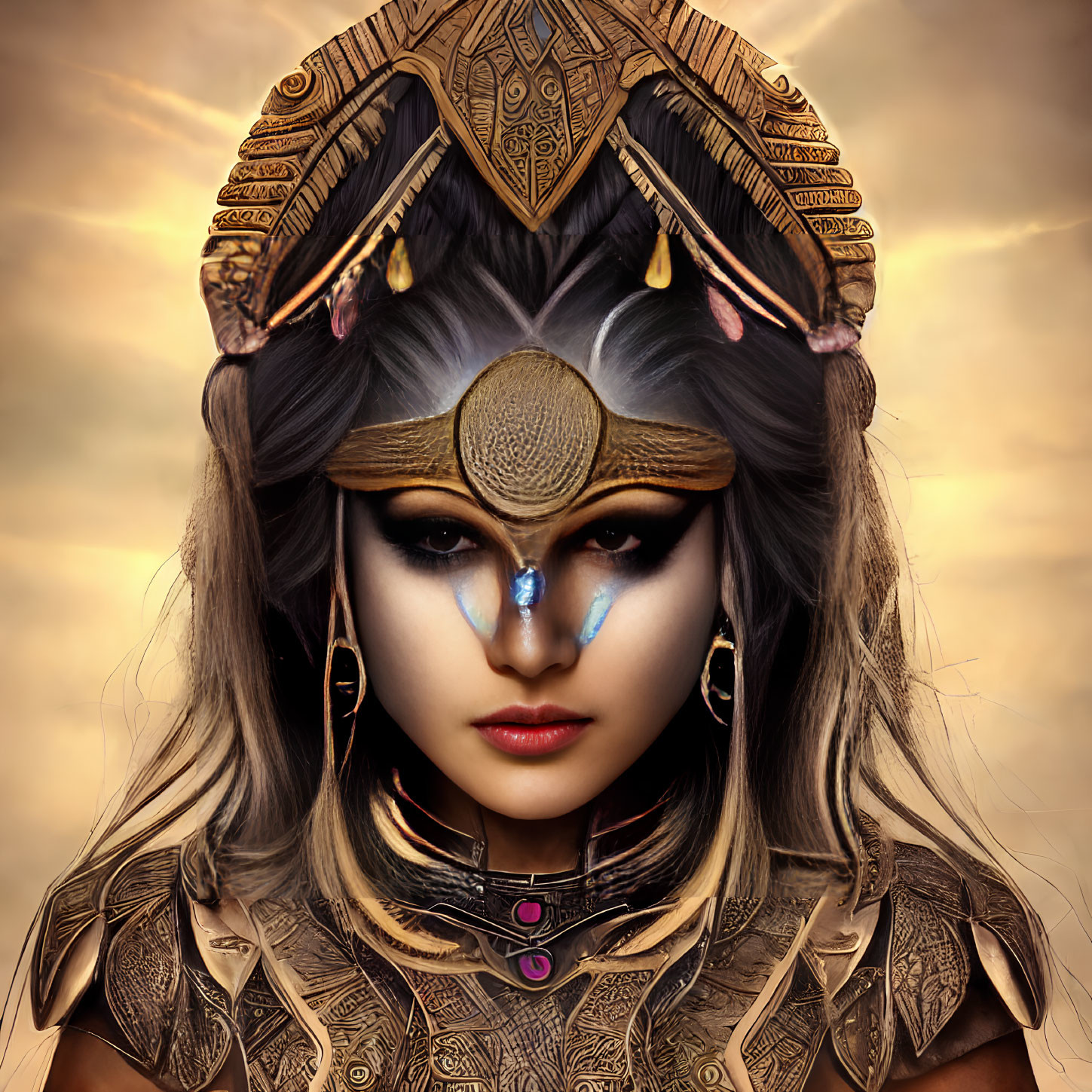 Digital art portrait of a woman with fantasy makeup, golden headdress, armor, under dramatic sky