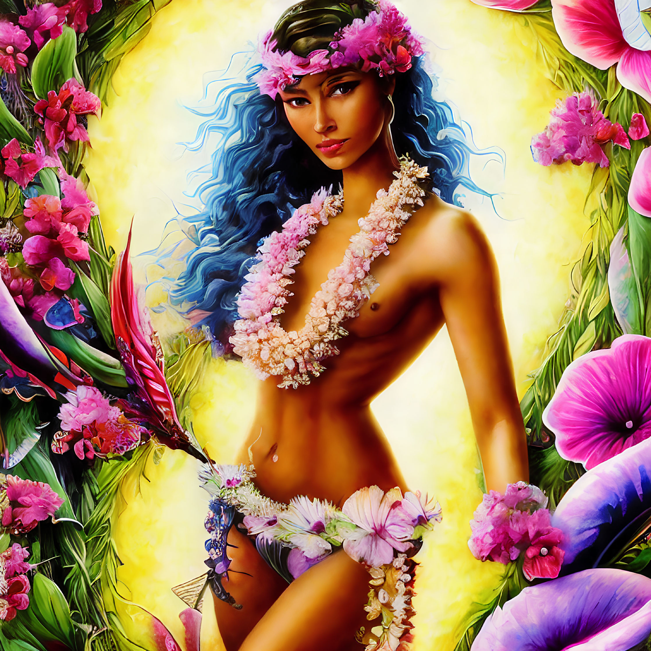 Stylized portrait of woman with floral lei in lush flower setting