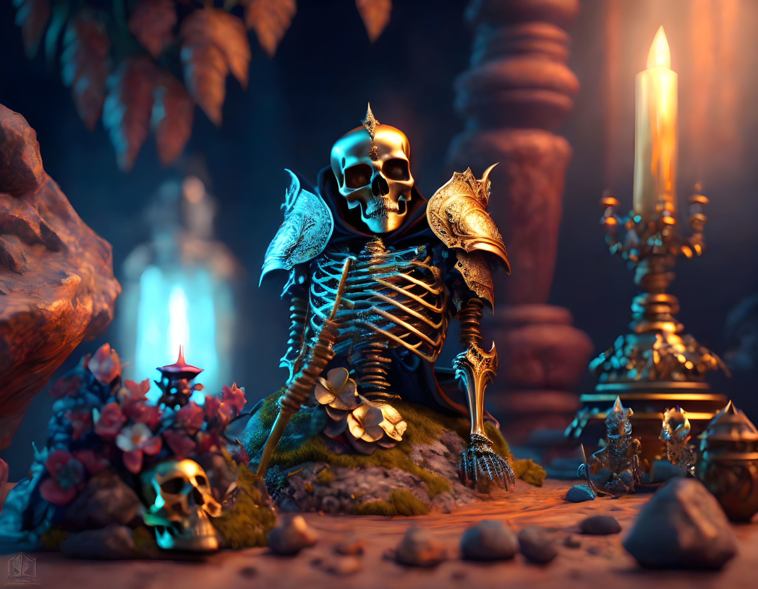 Skeletal figure with scepter, candles, skulls, and foliage in dim setting