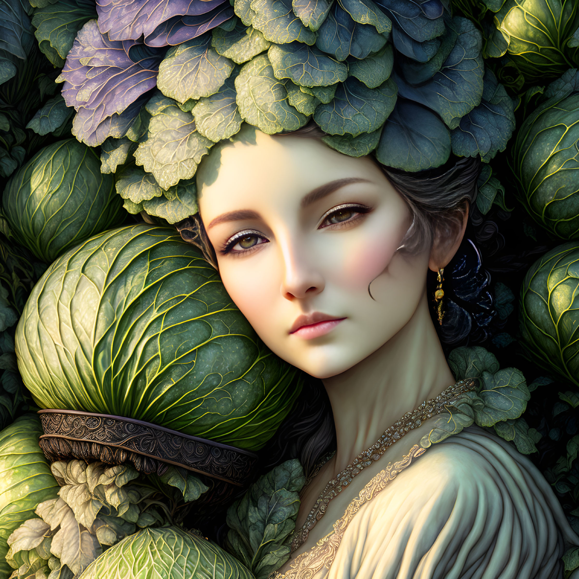 Digital artwork: Woman in serene expression surrounded by cabbage and foliage