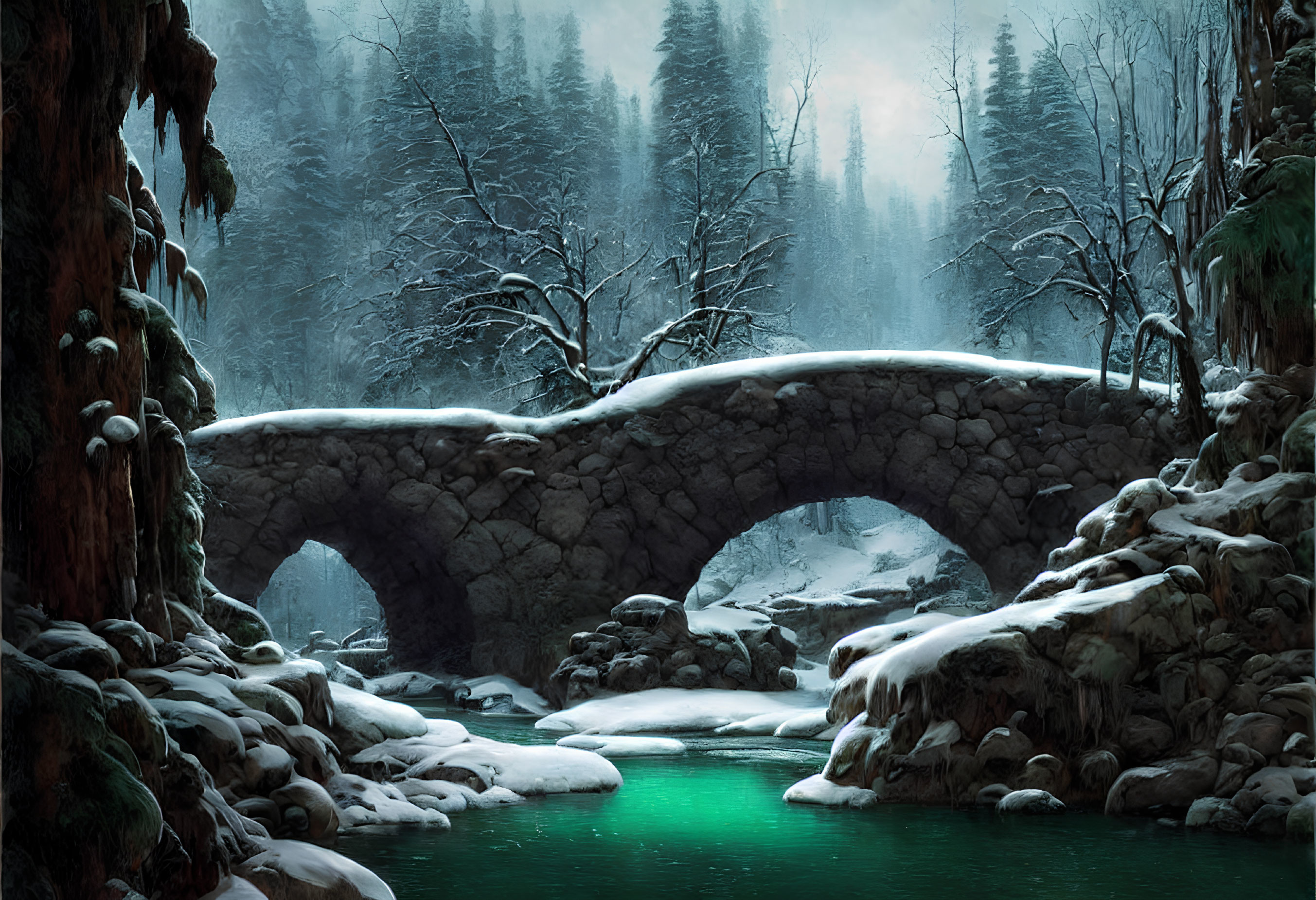 Snowy Forest Scene: Old Stone Bridge Over Tranquil River