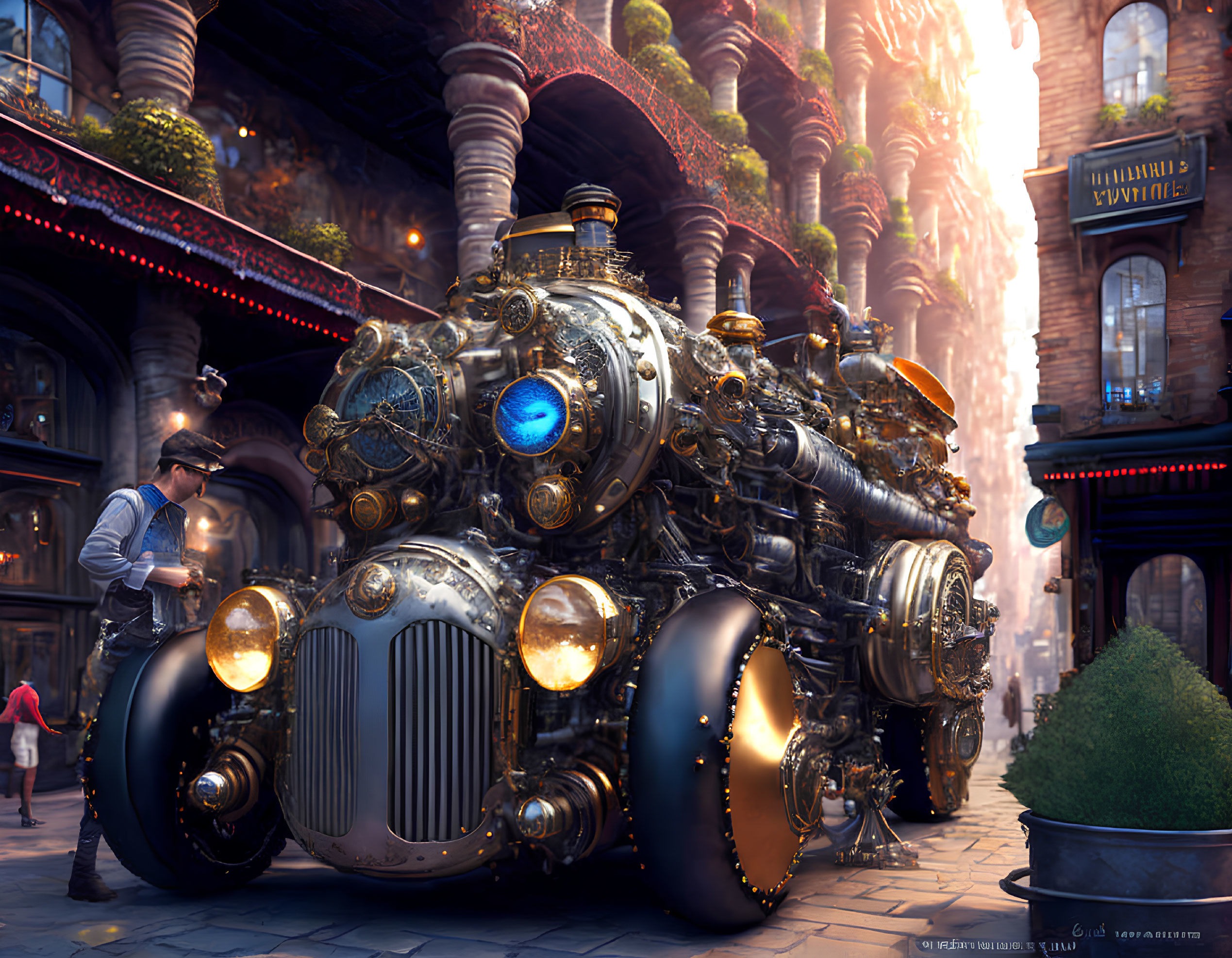 Intricate steampunk vehicle on bustling street