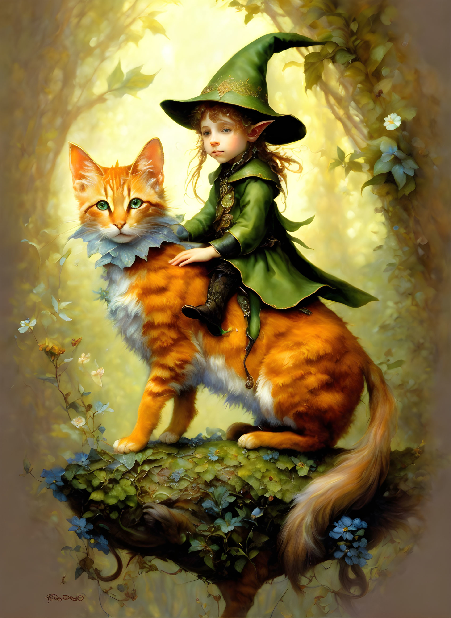 A cute little elf, riding on a cat