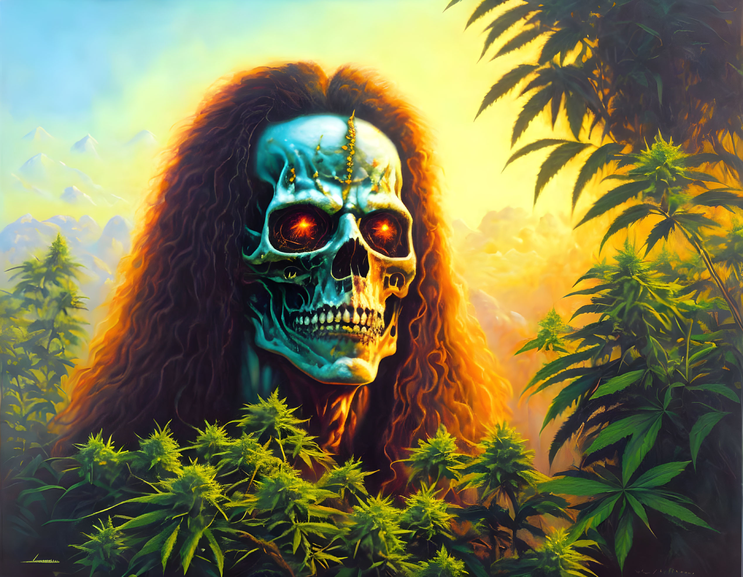 Colorful human skull painting with long hair and green face paint in cannabis plant sunset scene