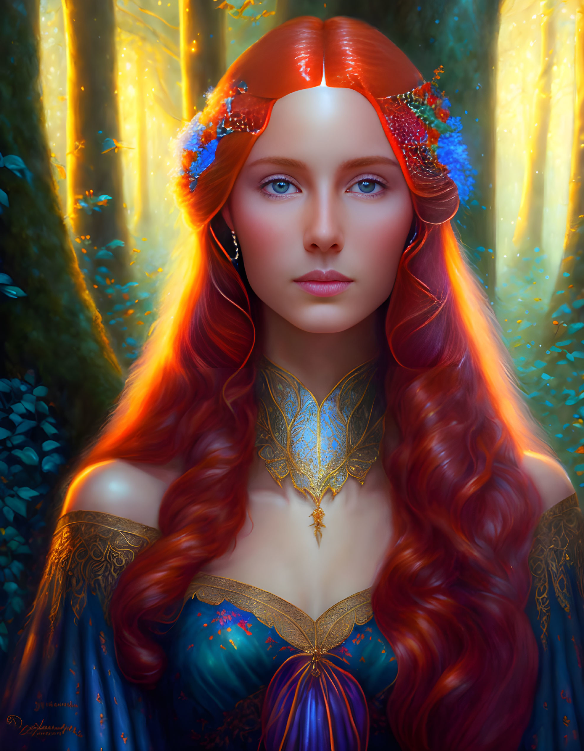 Digital artwork: Mystical woman with red hair and blue eyes in ethereal attire in enchanted forest