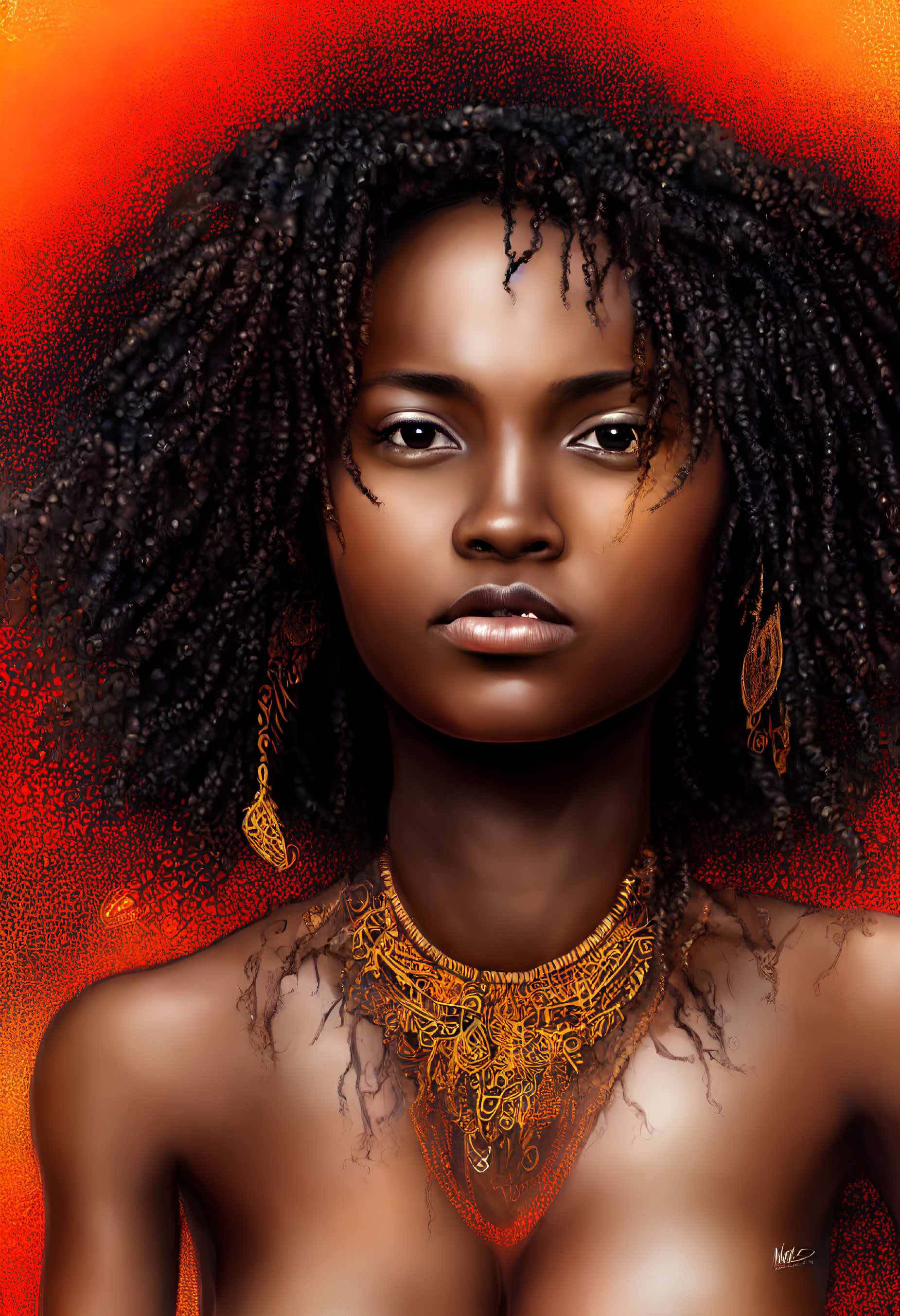 Curly-Haired Woman Portrait with Gold Jewelry on Red-Orange Background