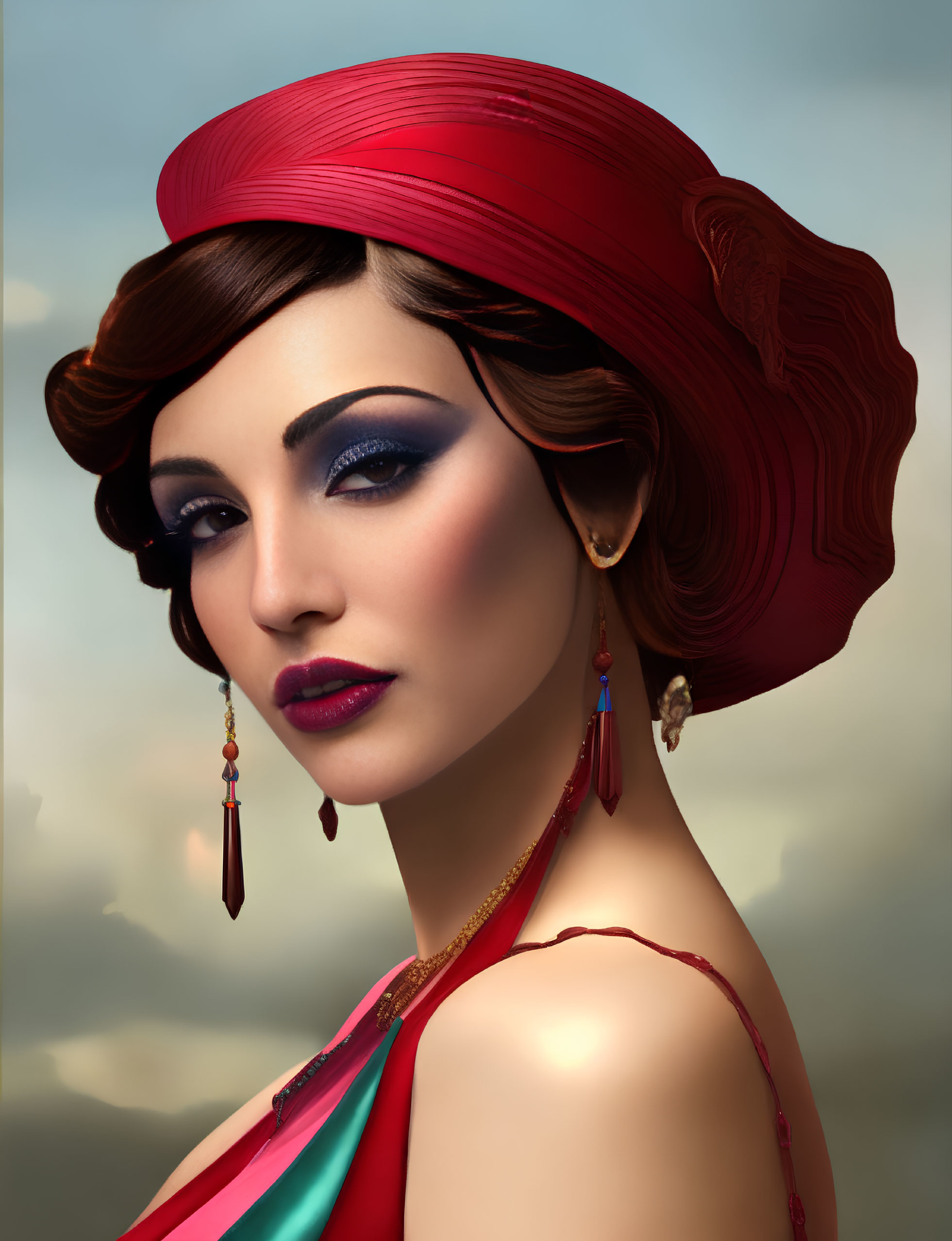 Stylized portrait of woman in red turban, dramatic makeup, colorful dress