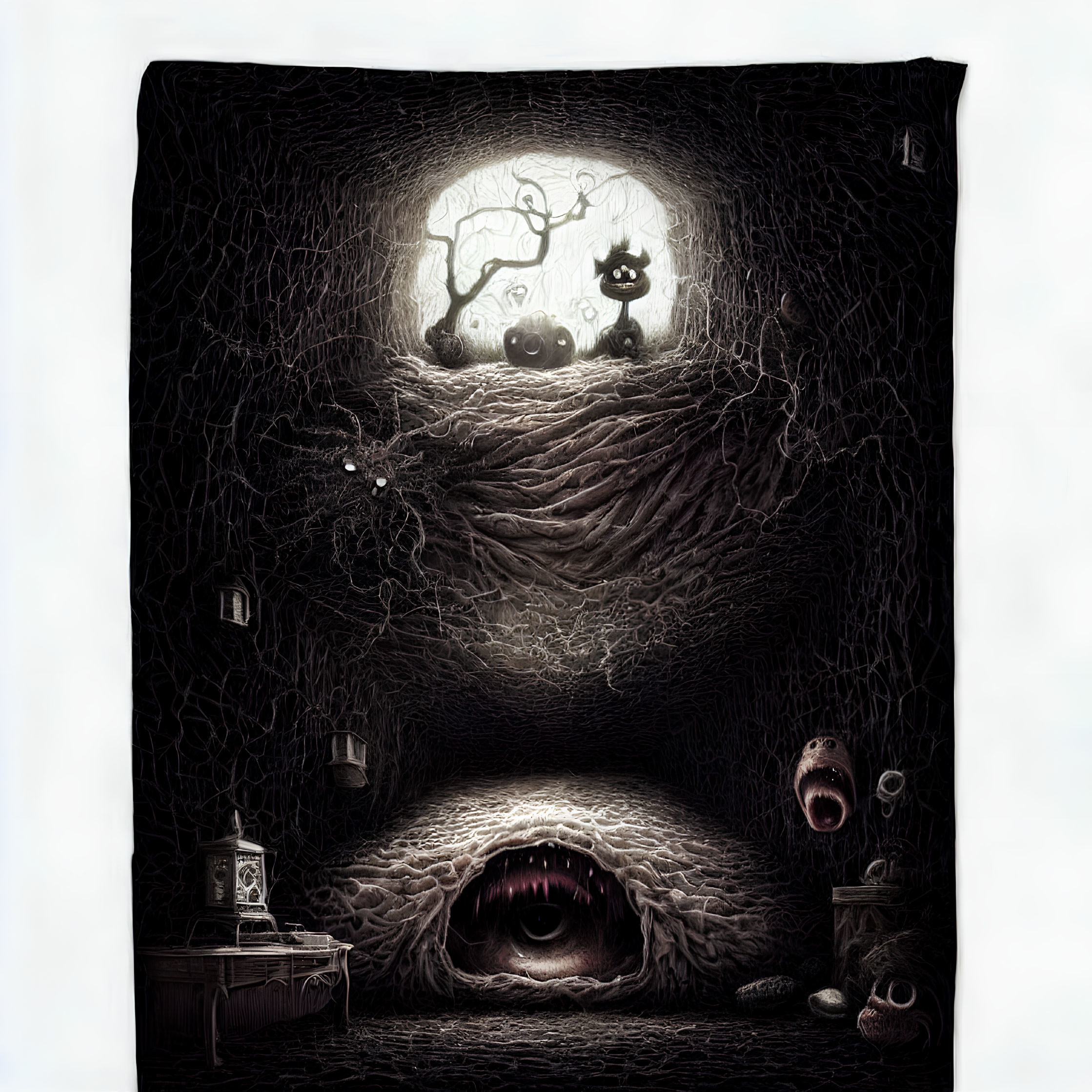 Dark room with mouth, eye, black tree, and entwined creatures.