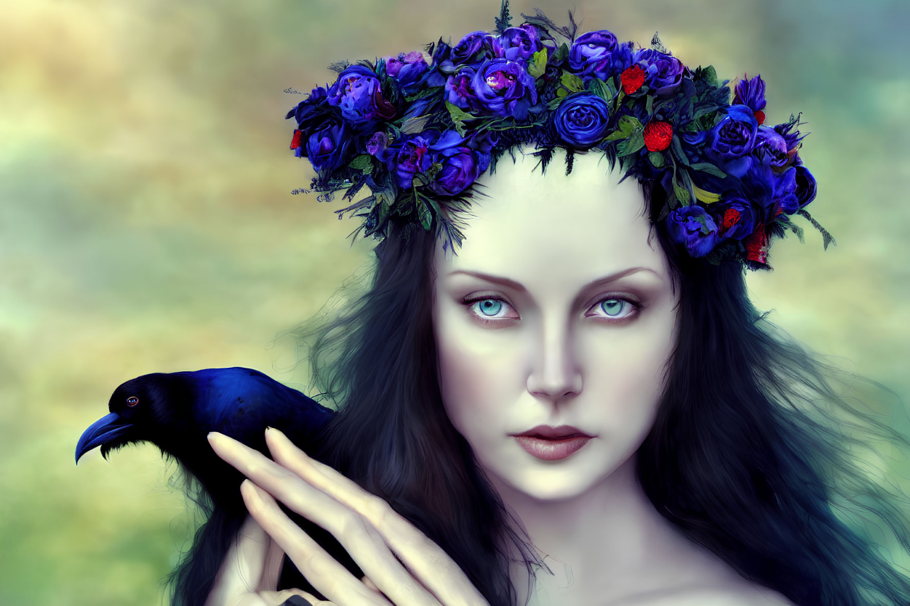 Woman with Blue Roses and Raven in Misty Background