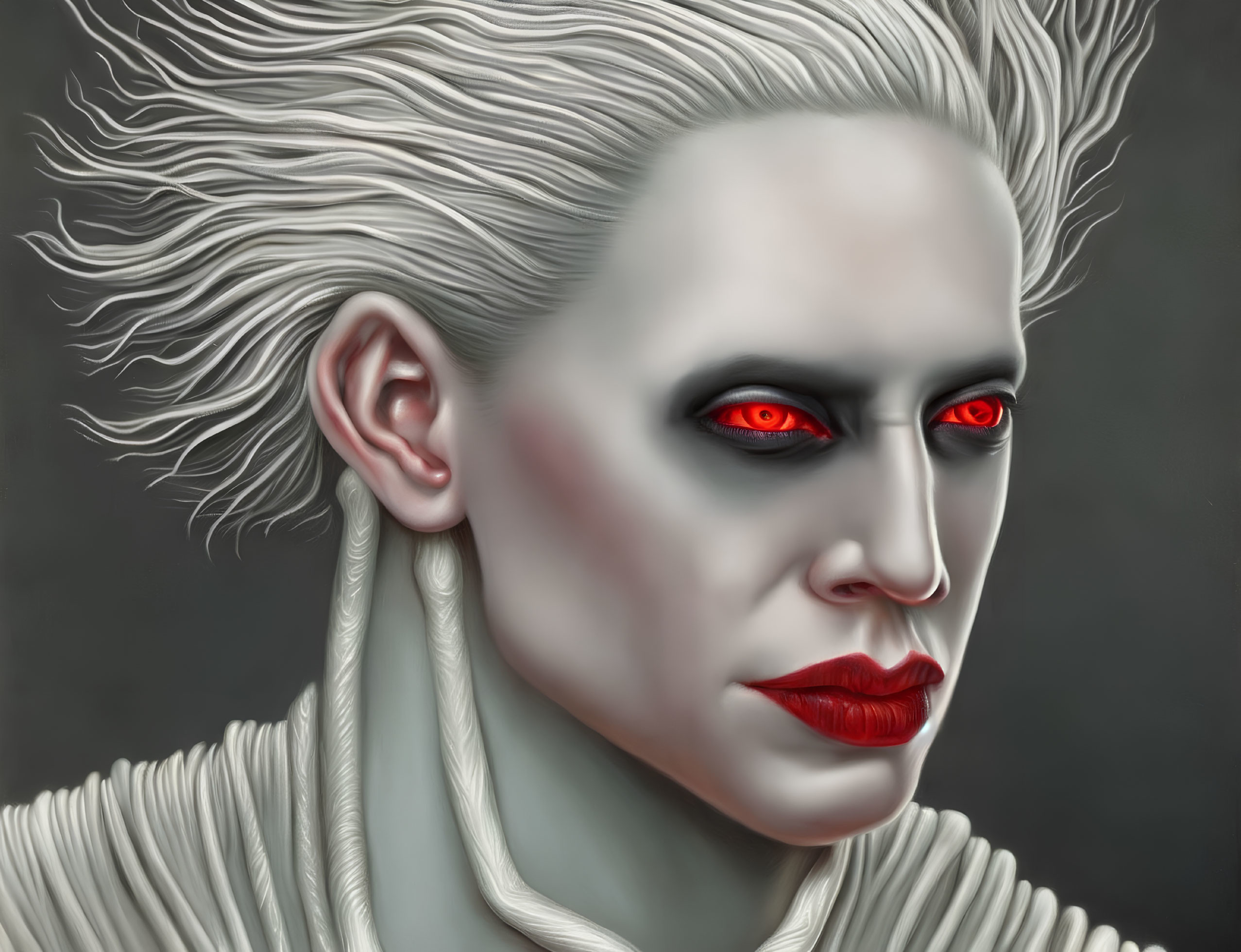 Portrait of person with pale skin, white hair, red eyes, and red lipstick on grey background
