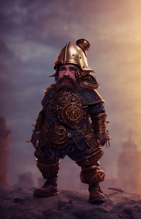 Fantasy-themed image: Stout dwarf in ornate armor on rocky terrain