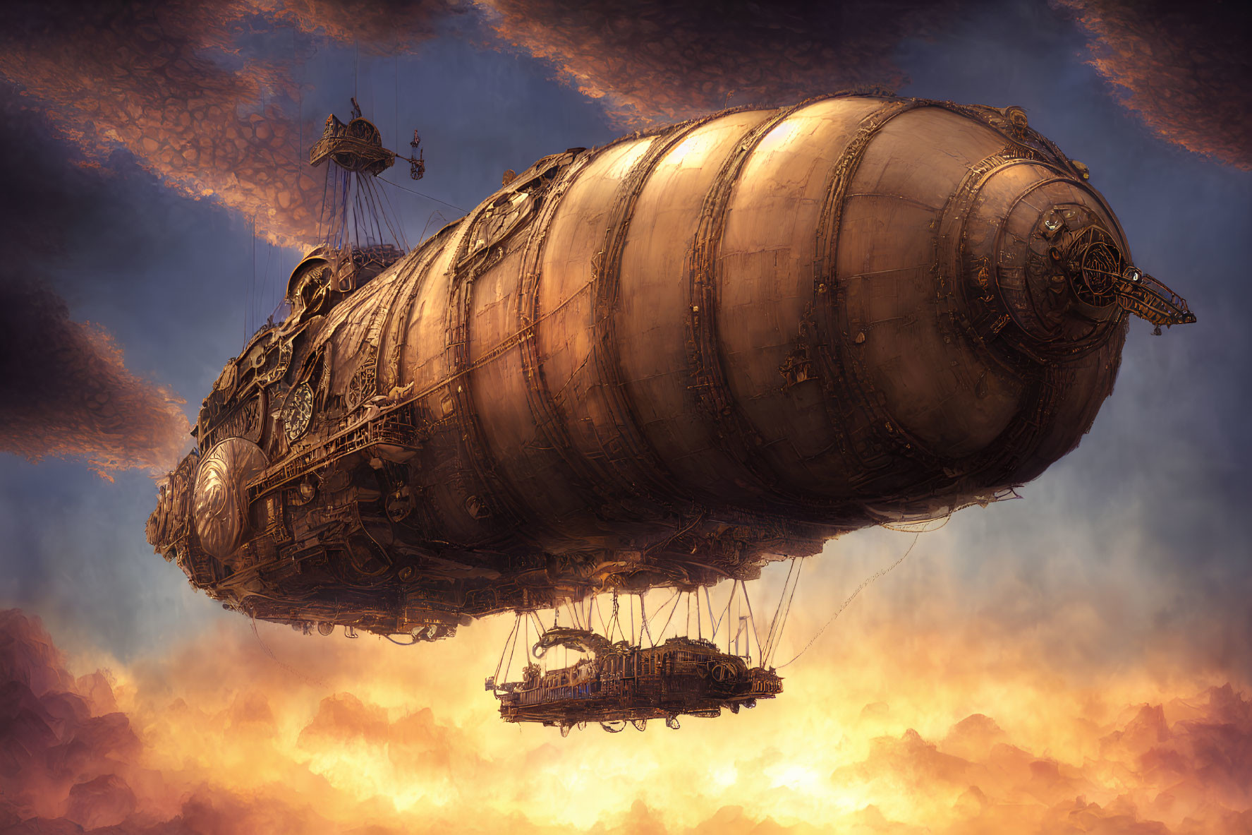Steampunk-style airship with intricate metalwork in golden cloud-filled sky