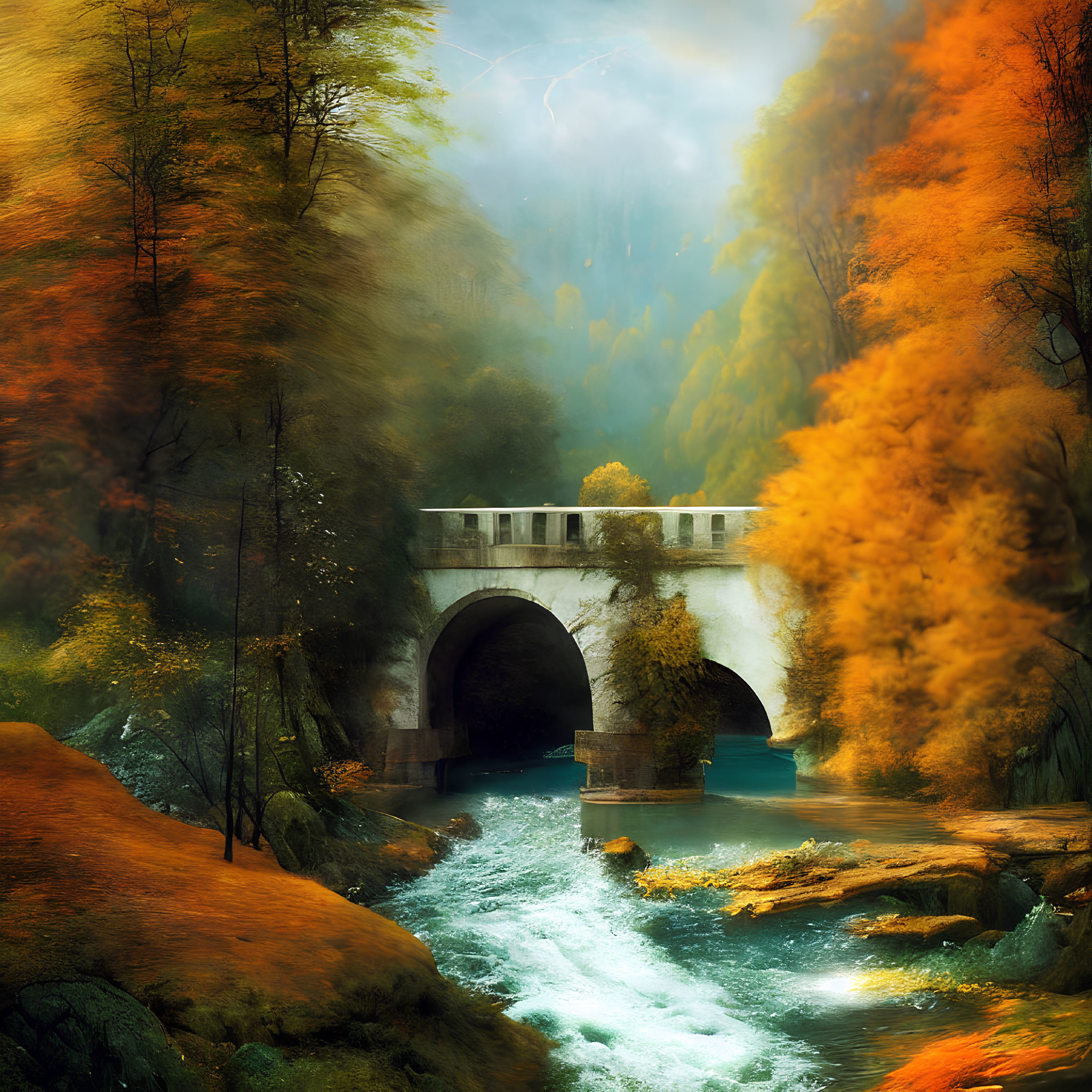 Tranquil autumn landscape with stone bridge and misty trees