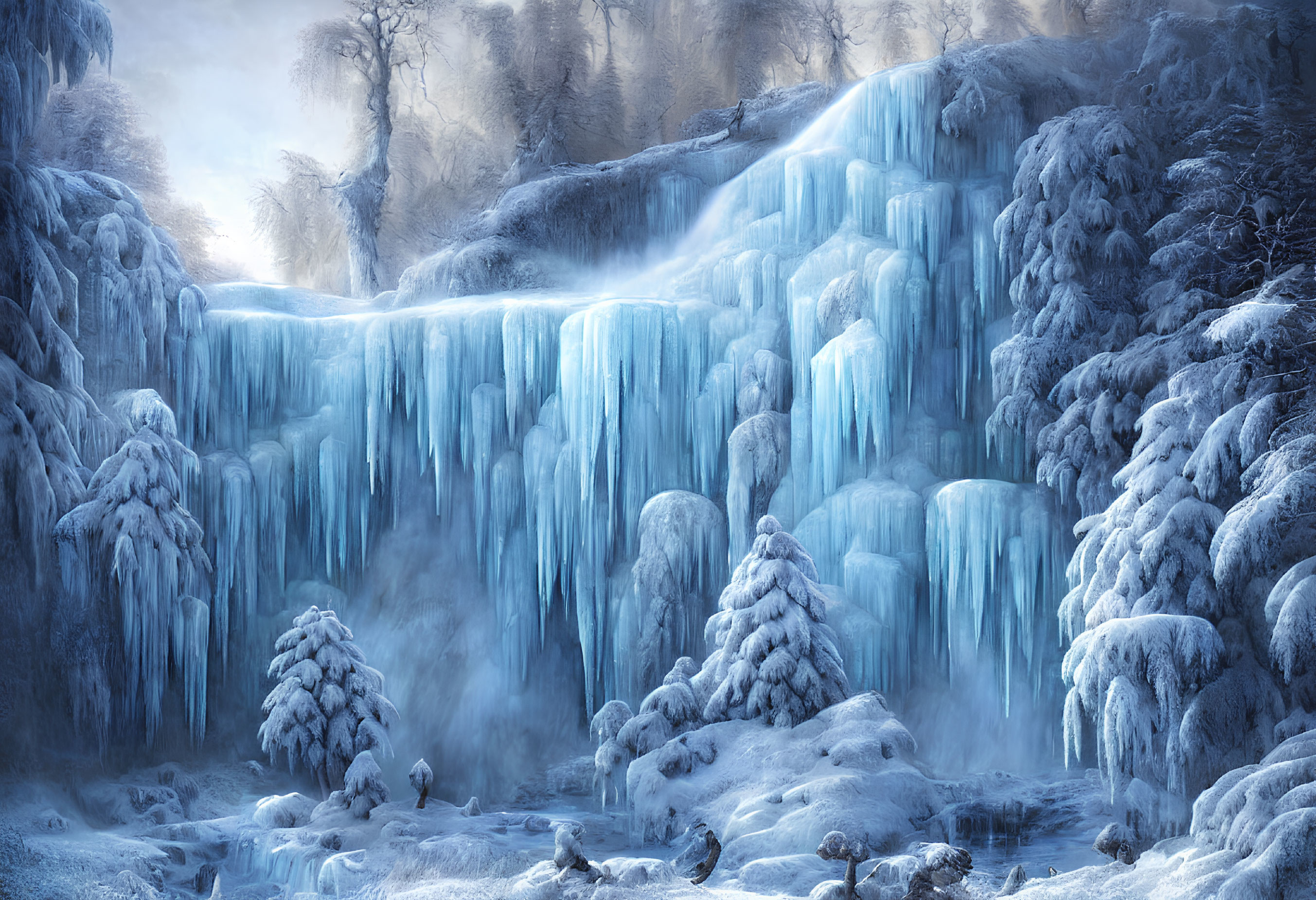 Frozen waterfall and snow-covered trees in serene winter landscape