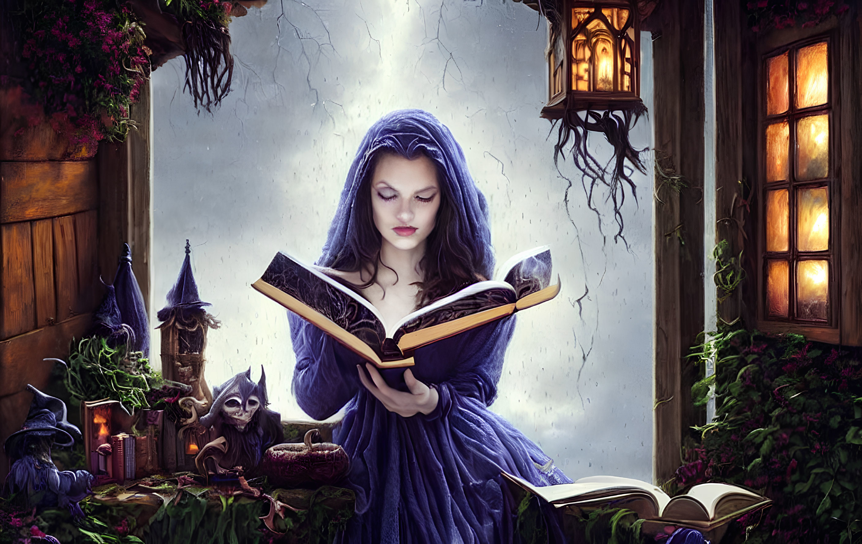 Woman reading book by lantern in mystical forest with pumpkin and owl.