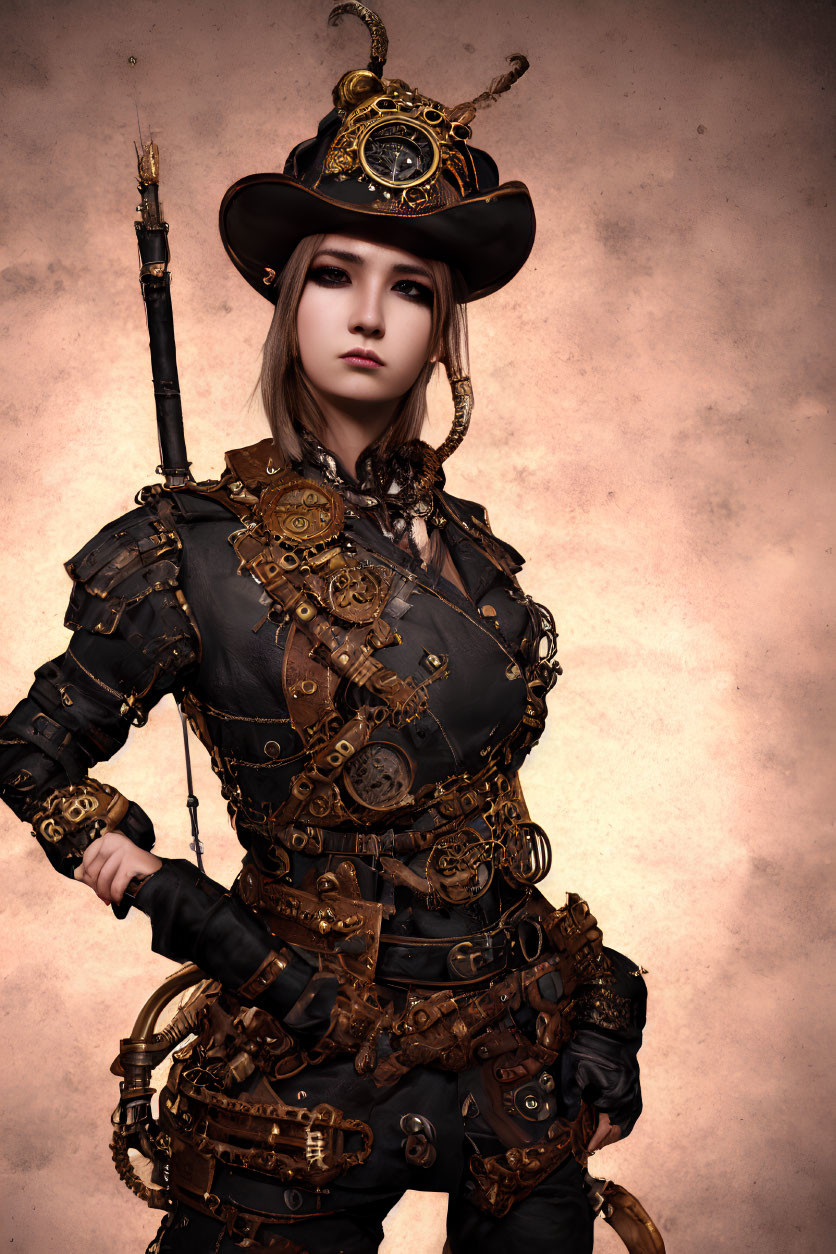 Elaborate steampunk attire with leather jacket and gear-adorned hat