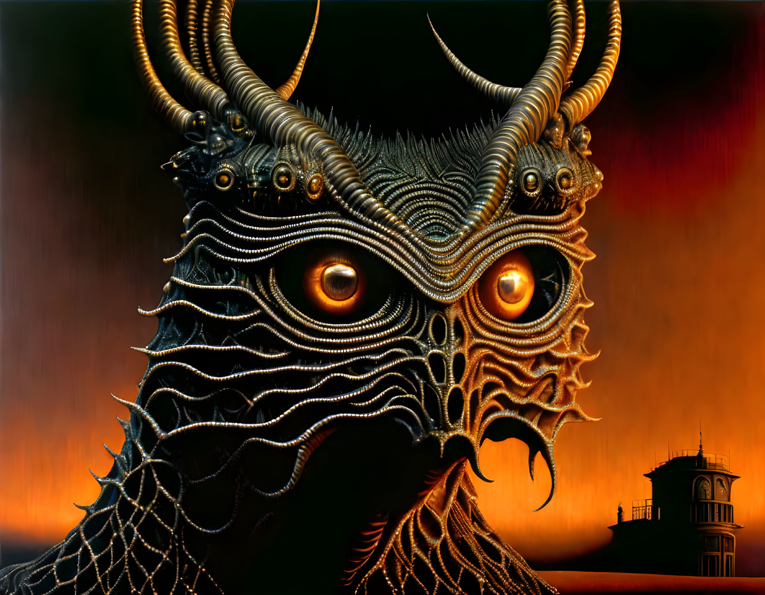 Majestic dragon-like creature with glowing eyes in front of red sky and building silhouette