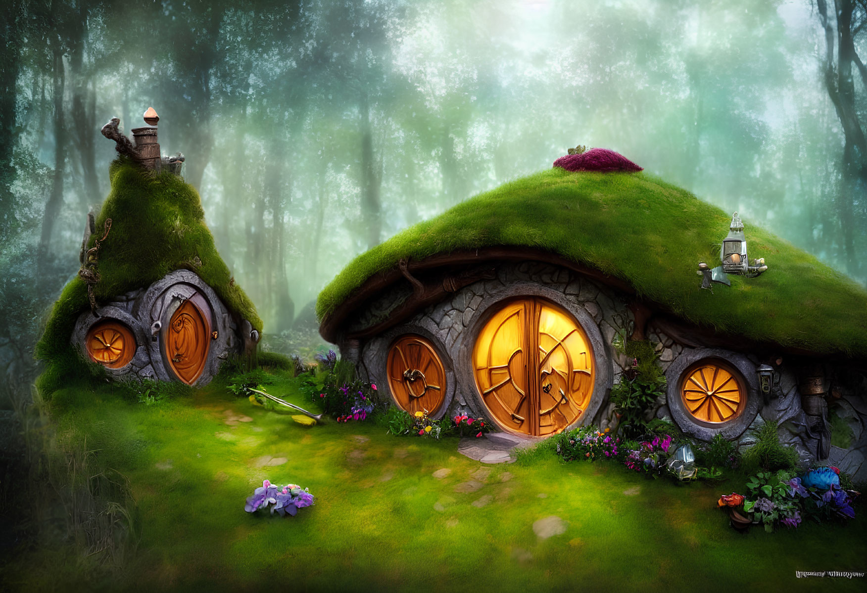 Enchanting forest scene with mushroom-shaped houses