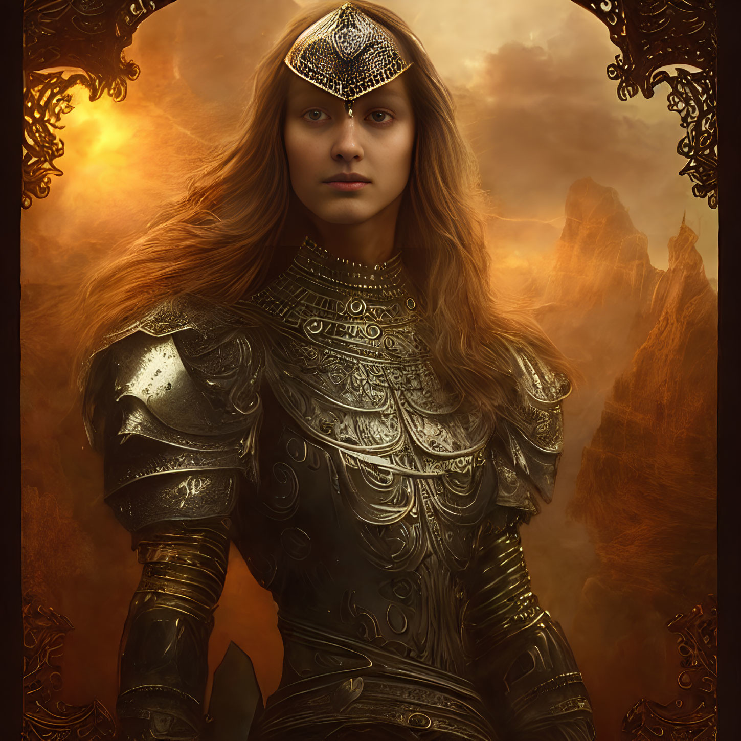 Regal warrior woman in ornate armor with jeweled headpiece in fantasy landscape.