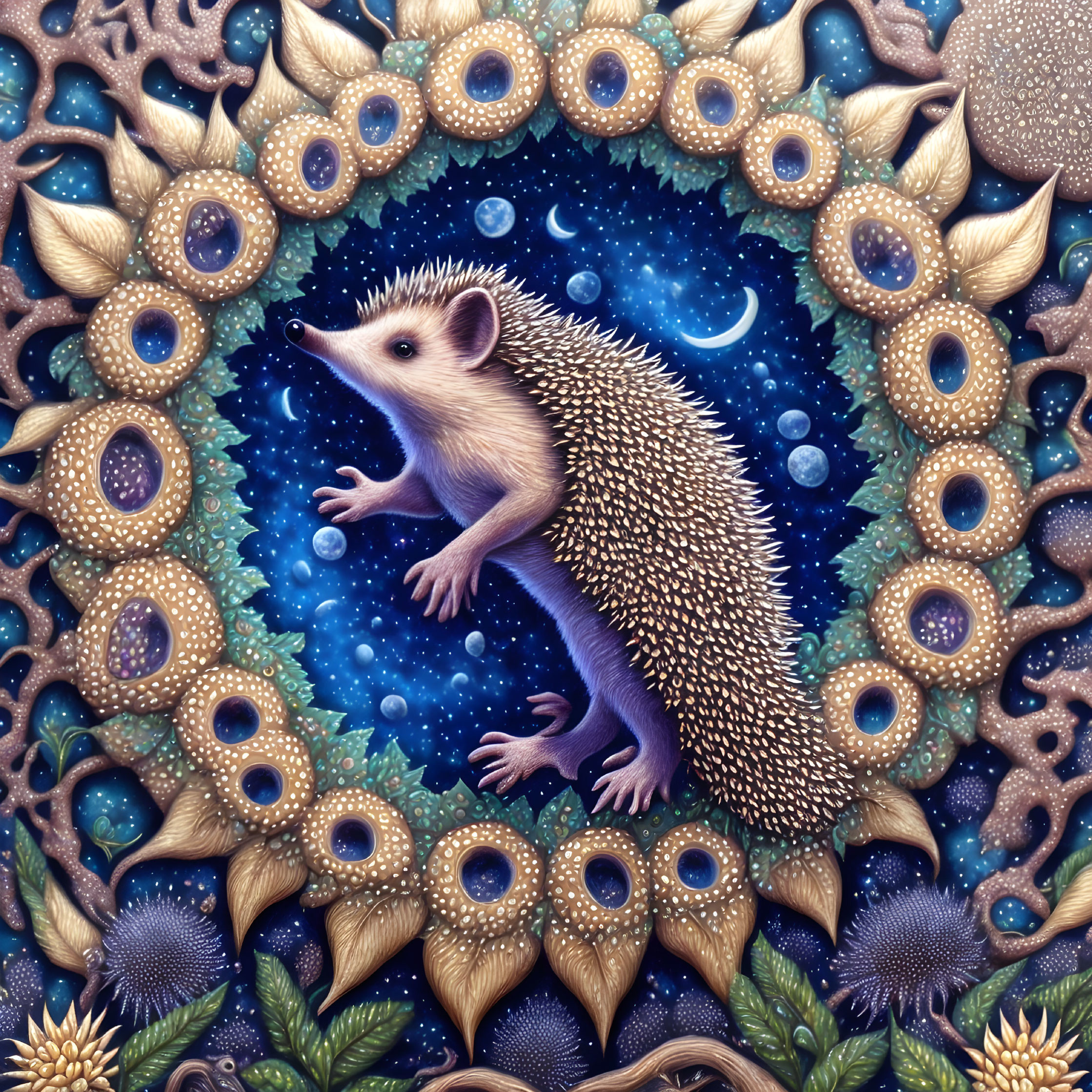 Cosmic hedgehog surrounded by sunflowers and celestial motifs
