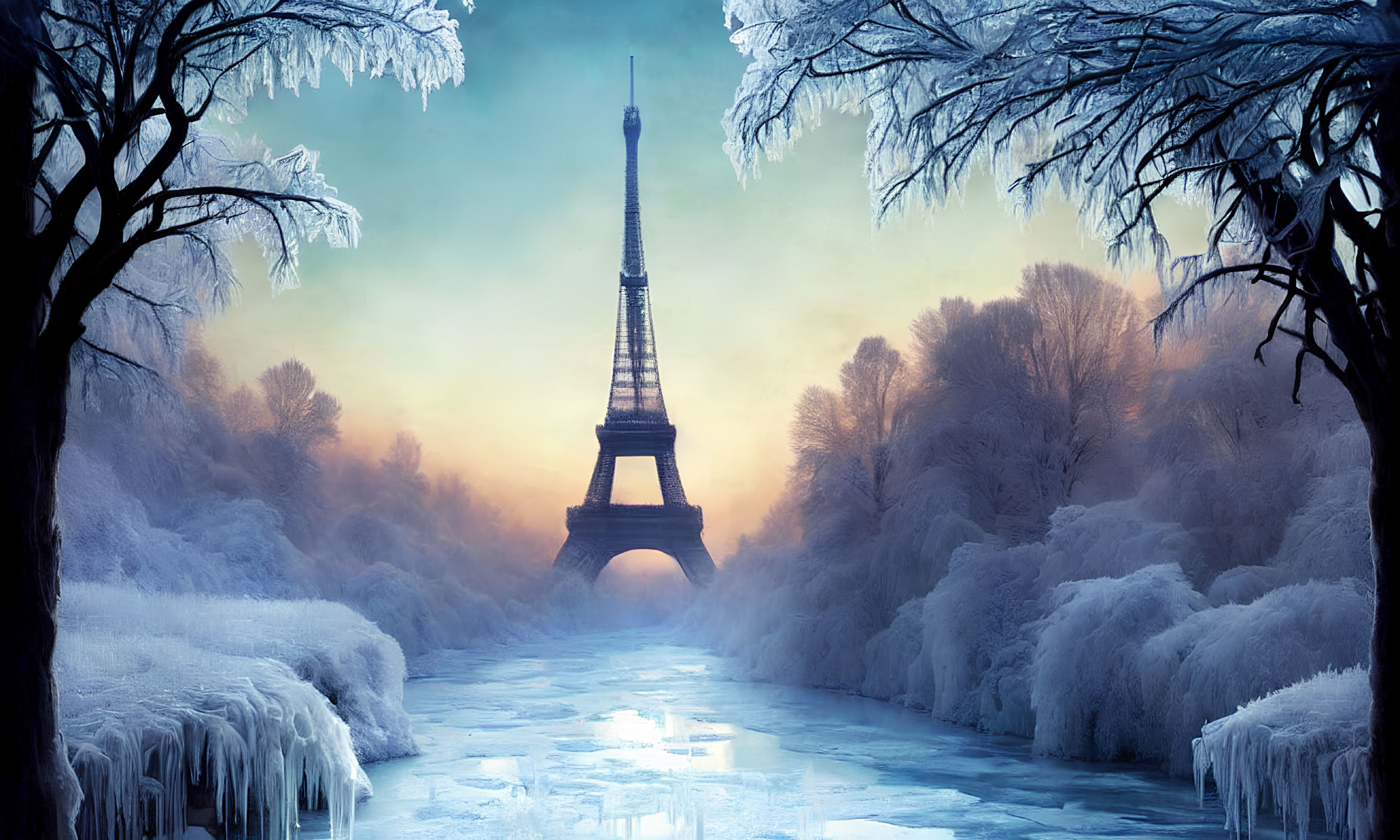 Frost-covered Eiffel Tower in wintry landscape with frozen river and sunrise colors.