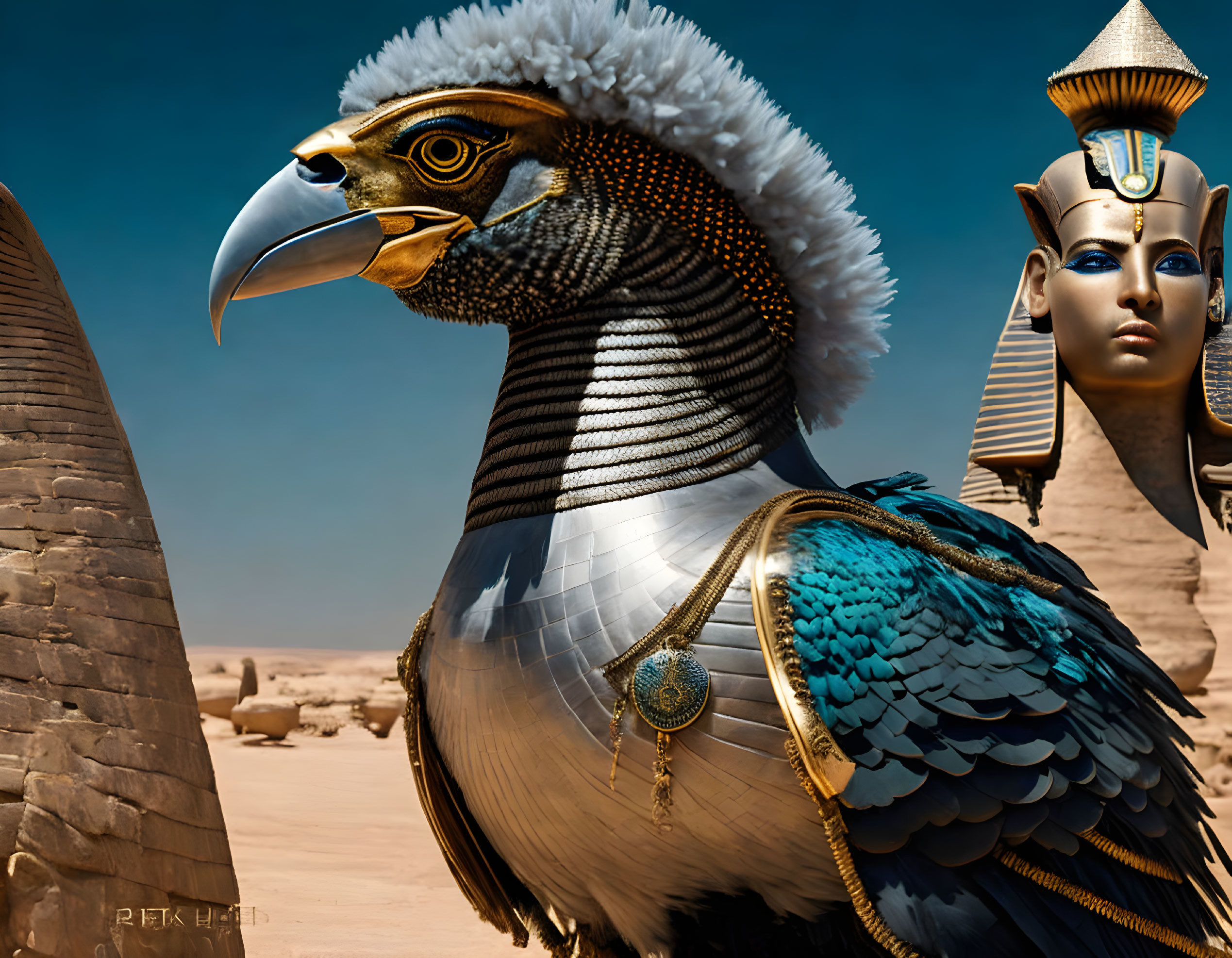 Anthropomorphic eagle in ancient Egyptian attire with woman figure and monument