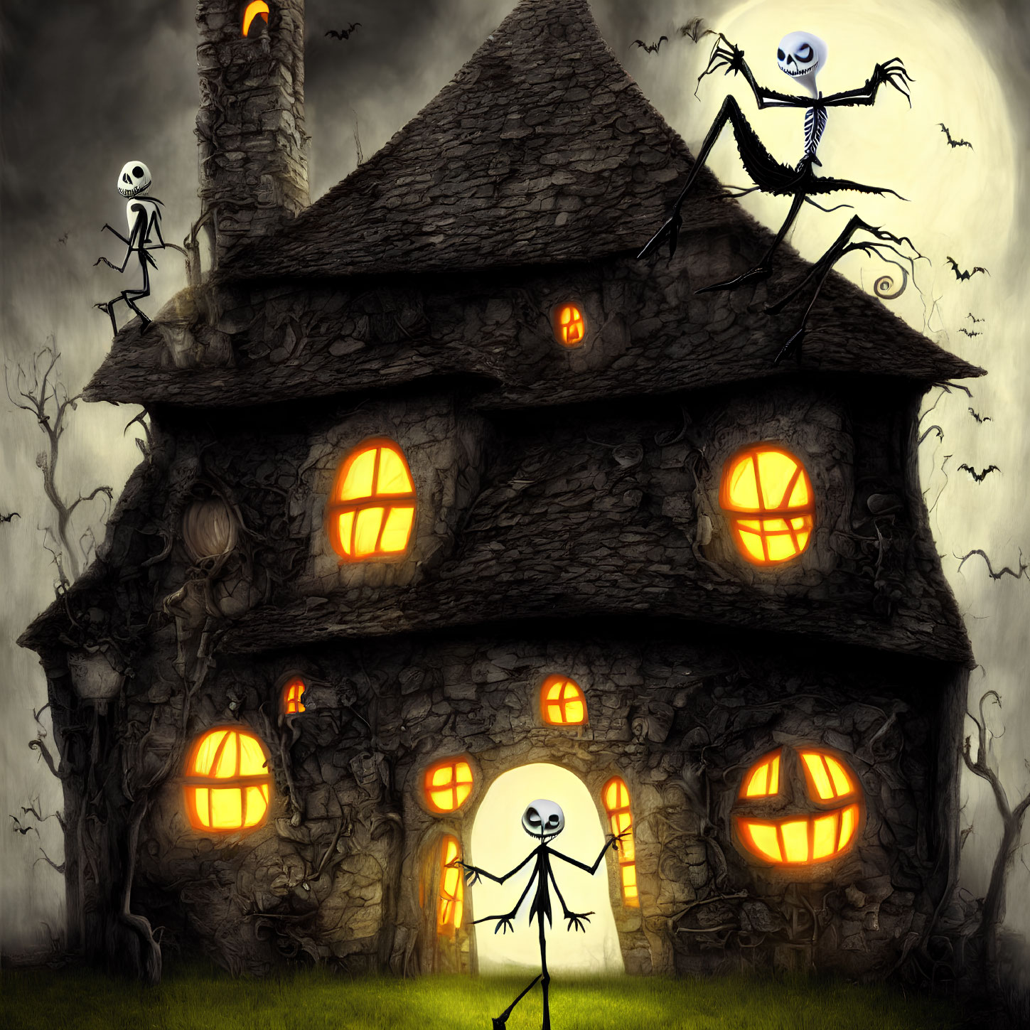 Spooky Halloween illustration: skeletal figures, witch's cottage, glowing windows
