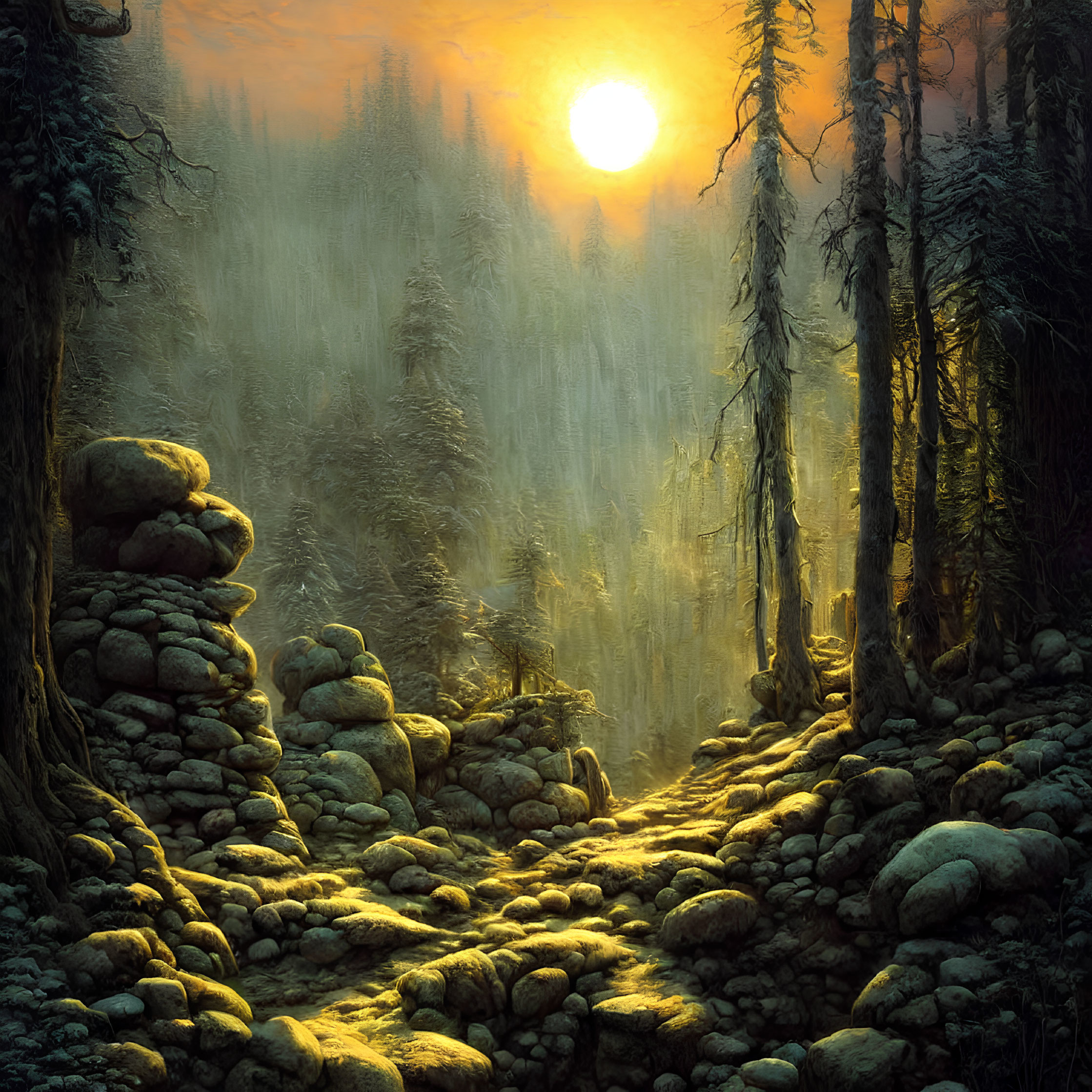 Enchanting forest path with rocky outcrops and towering trees in golden sunlight