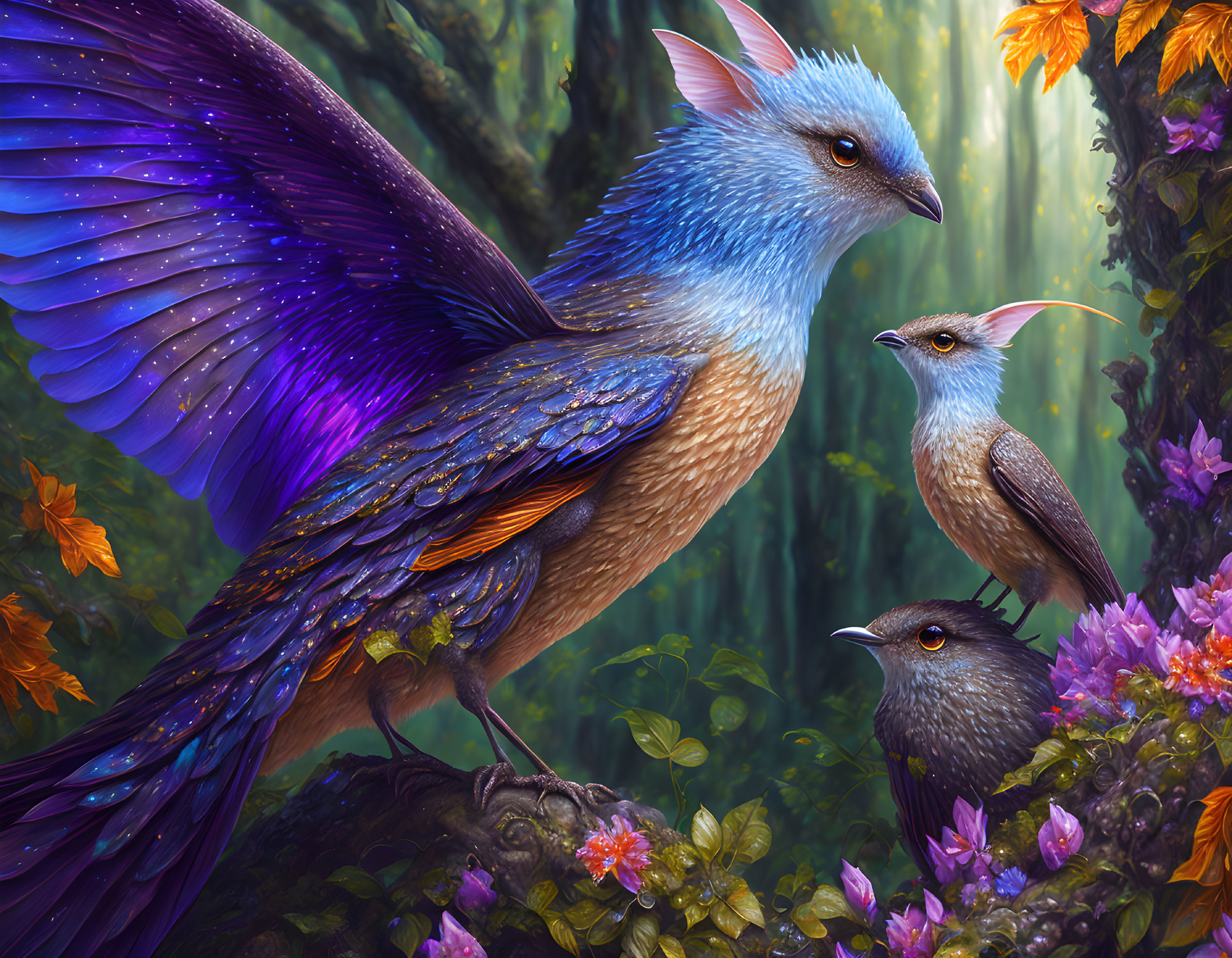 Colorful digital artwork of mythical bird and forest scene