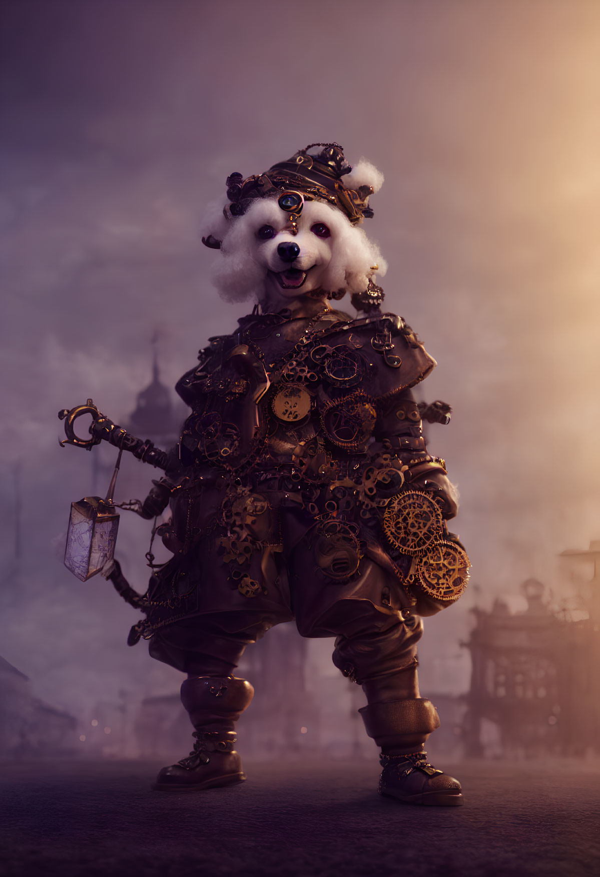 Steampunk-themed character with dog head in industrial setting
