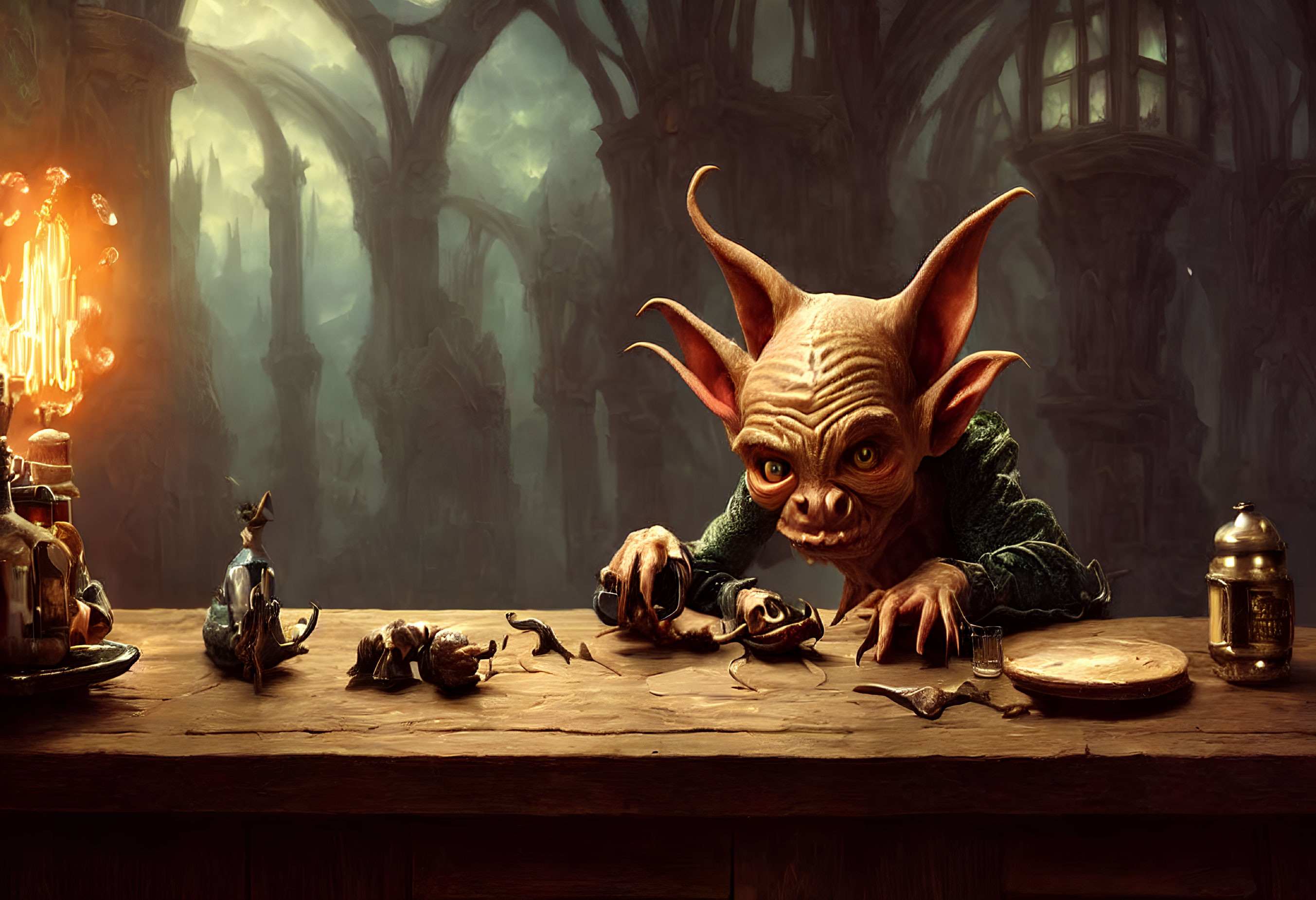 Goblin with large ears examines mechanical insects at wooden table