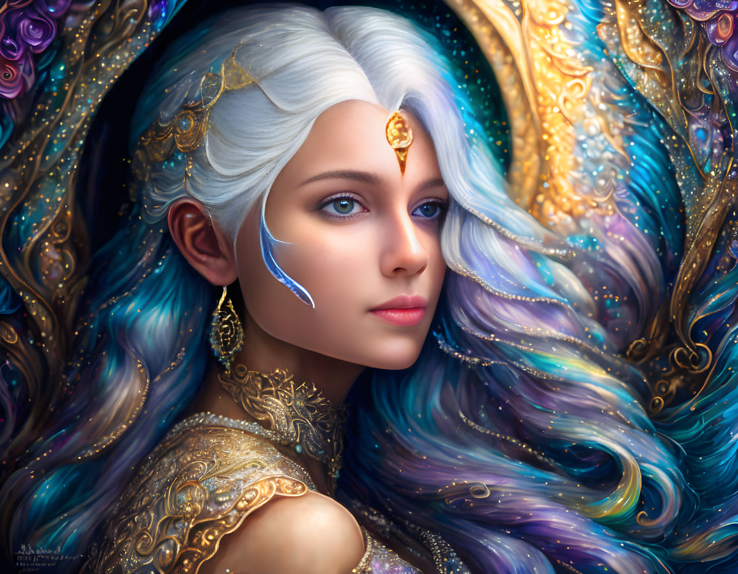 Fantasy portrait: Woman with white hair, gold headpiece, jewel-toned backdrop