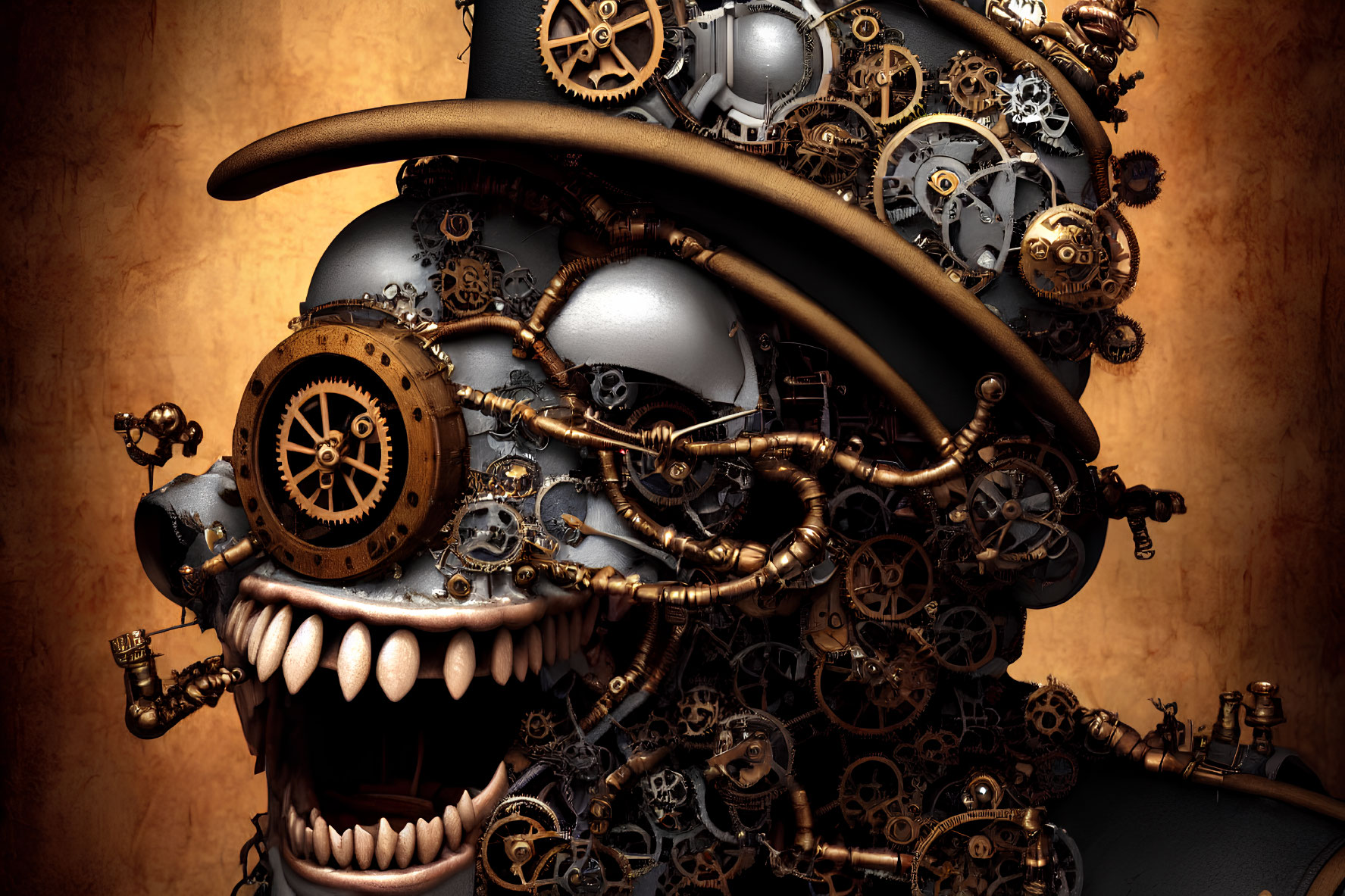 Skull with gears and industrial elements on warm background