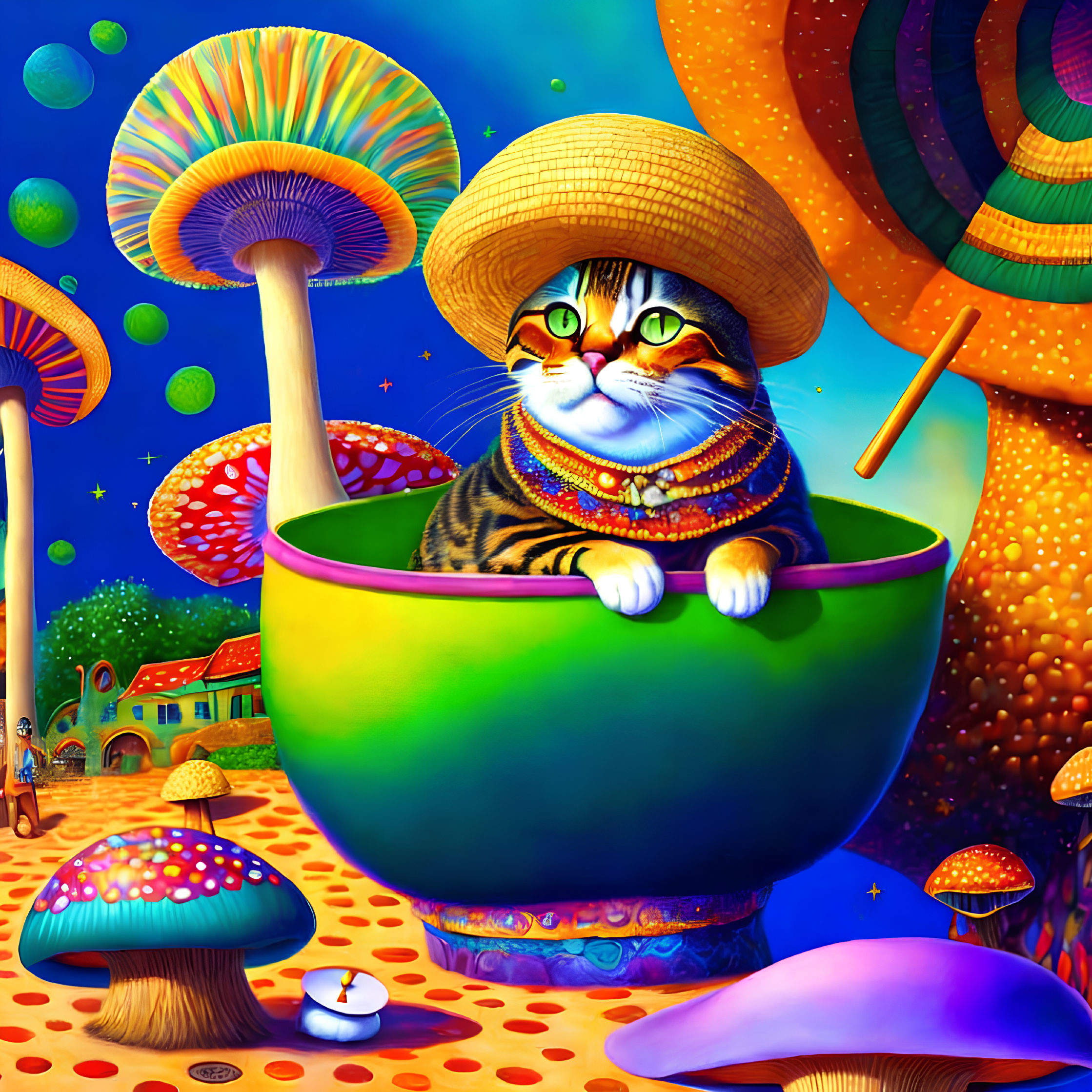 Chubby Cat in Poncho and Hat Sitting in Green Bowl with Oversized Mushrooms