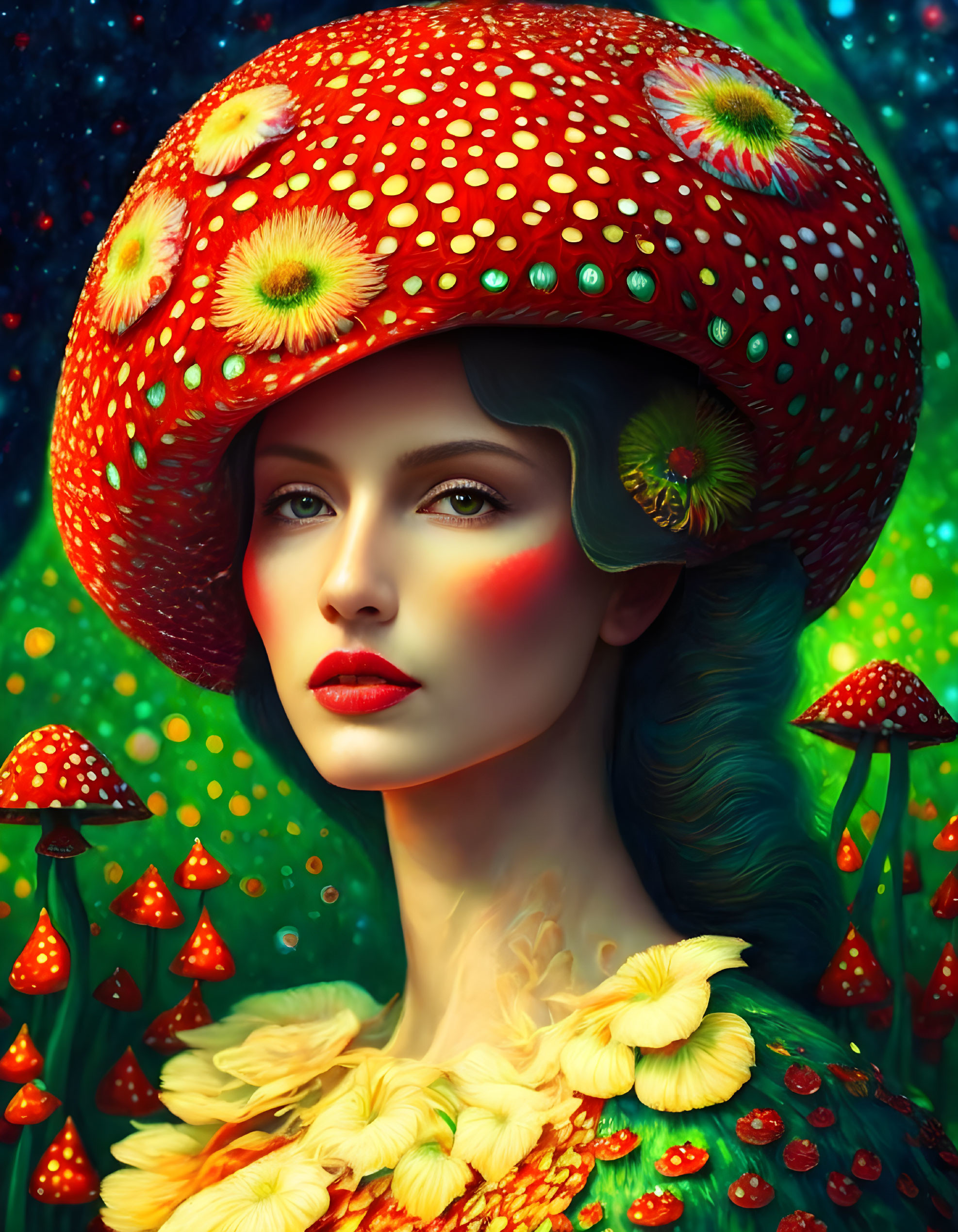 Colorful woman with mushroom cap hat in fantasy setting.