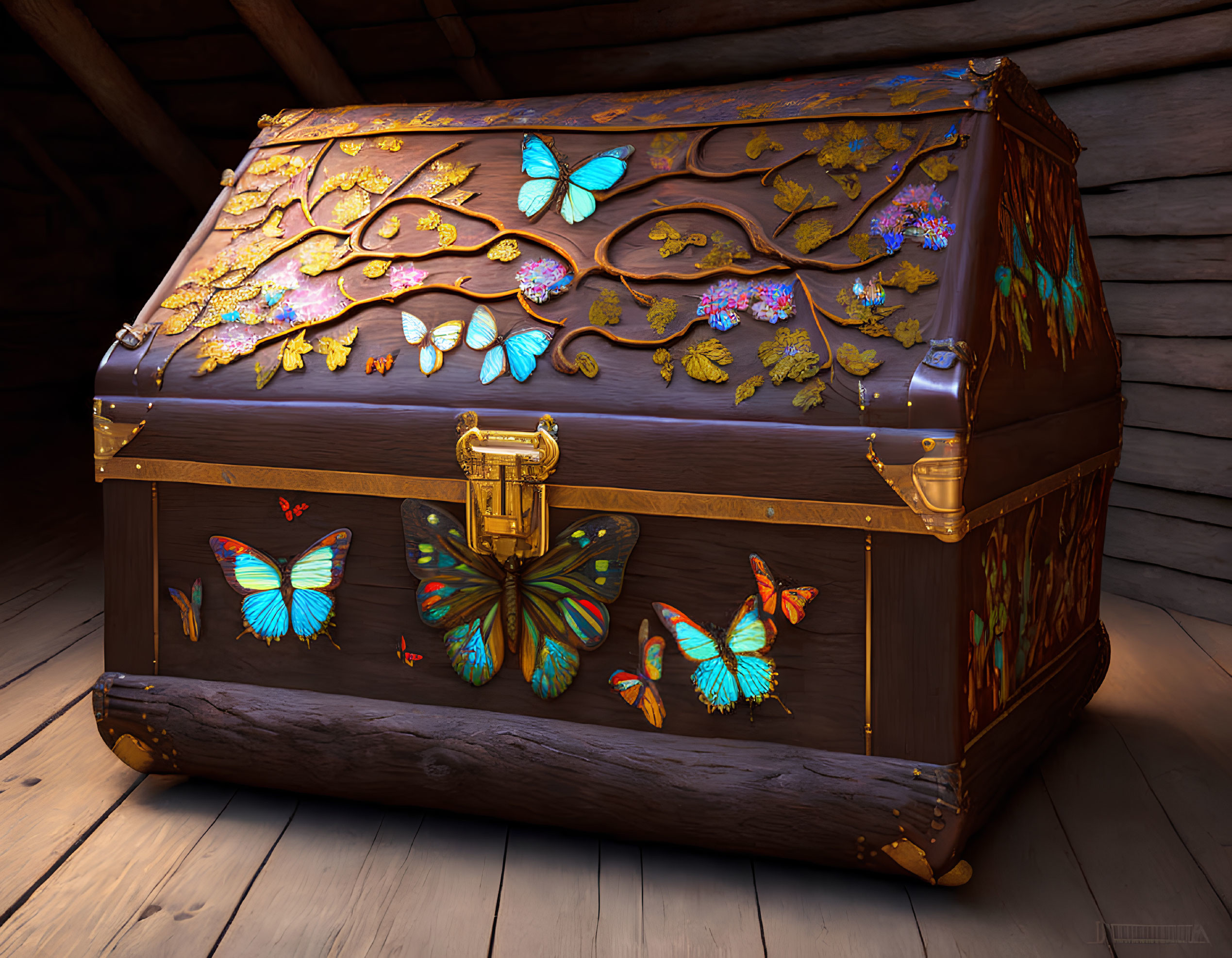 Vibrant butterfly designs on ornate wooden treasure chest in rustic setting