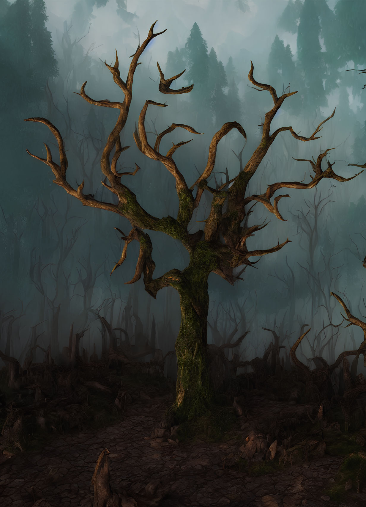 Eerie leafless tree in misty forest landscape