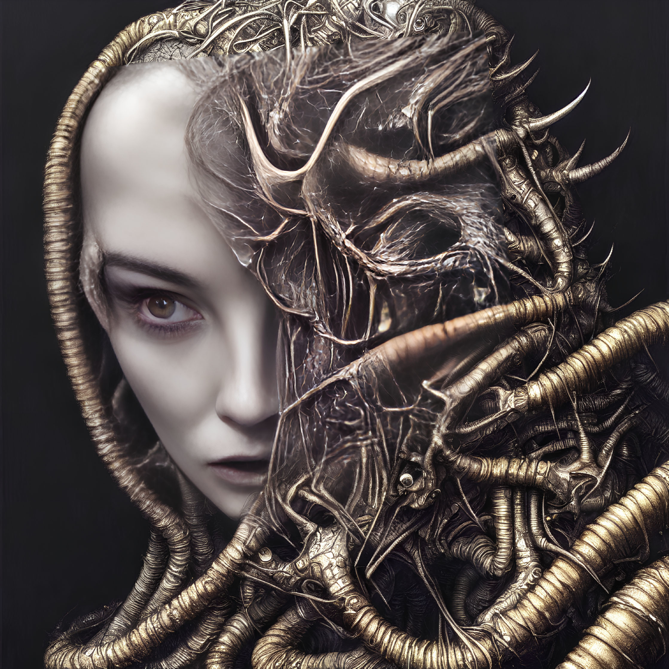 Surreal humanoid figure with pale skin and red eye in hood with metallic tendrils